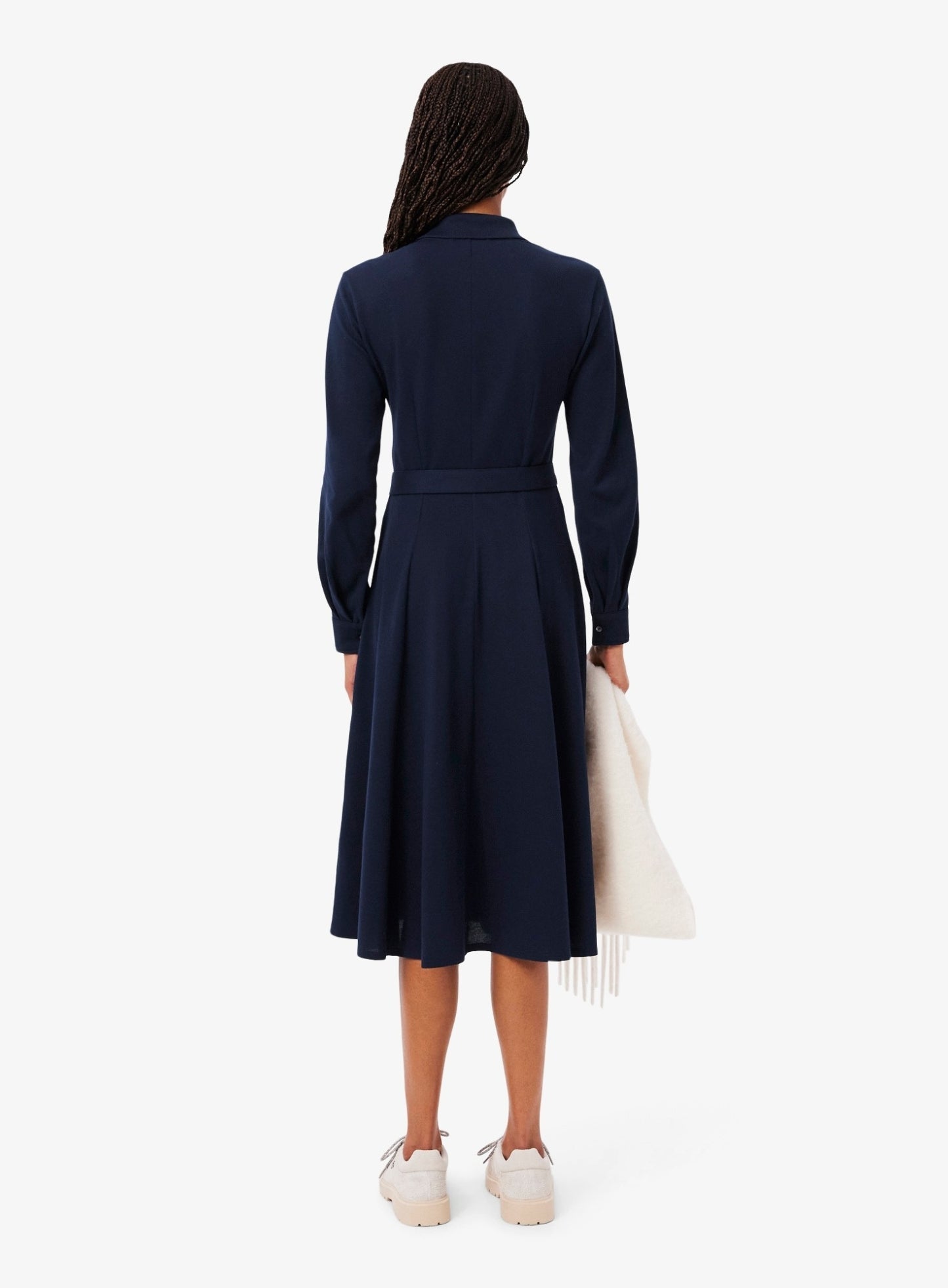 LACOSTE WOMEN Polo Collar Belted Petit Piqué Dress Midnight Blue