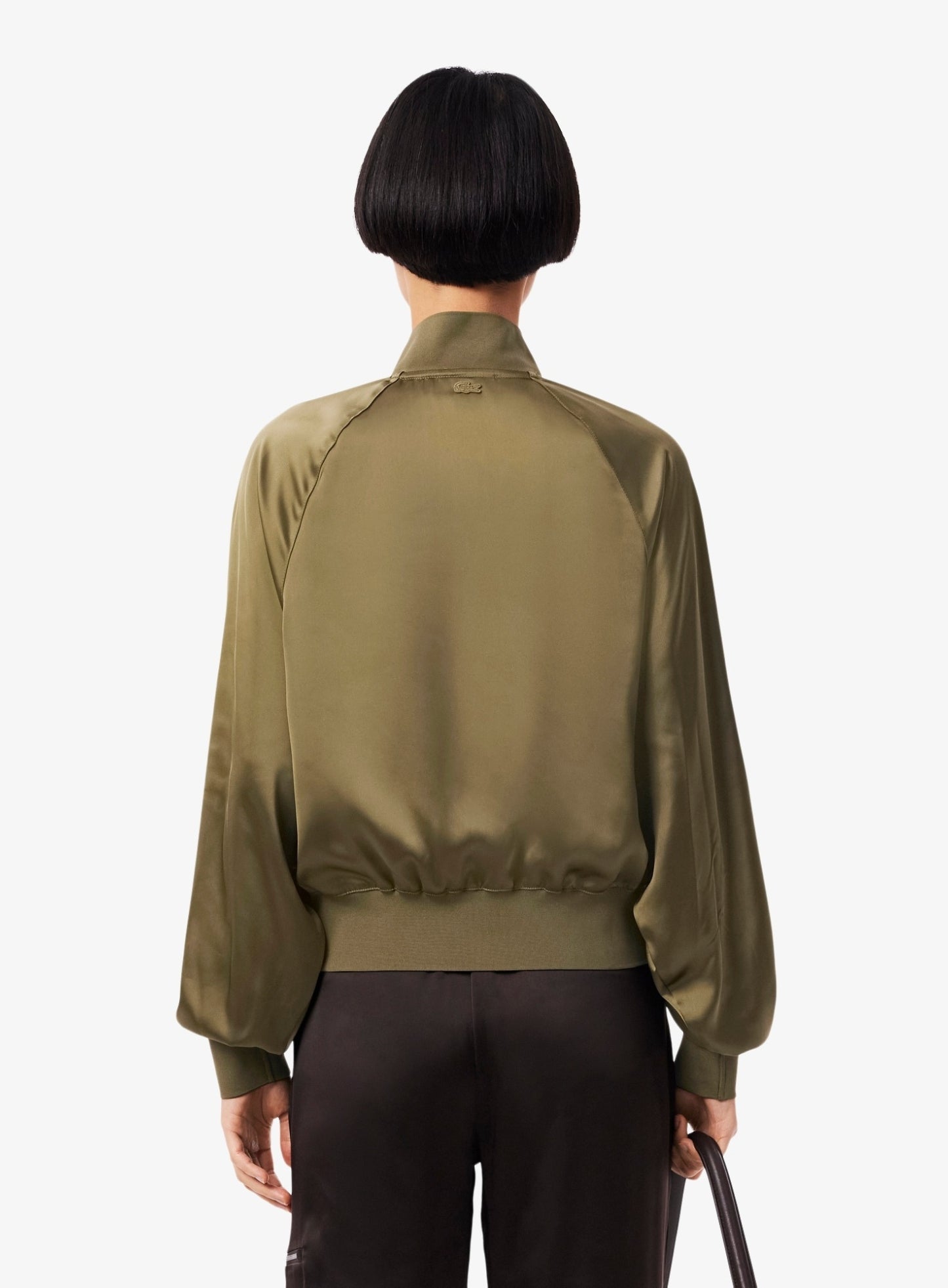 LACOSTE WOMEN Oversized Embroidered Signature Satin Bomber Jacket Khaki Green