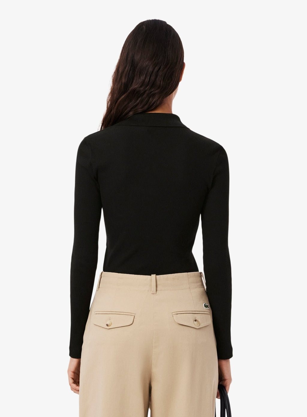 LACOSTE WOMEN Slim Fit L.12.D Ribbed Cotton Long Sleeves Polo Shirt Black