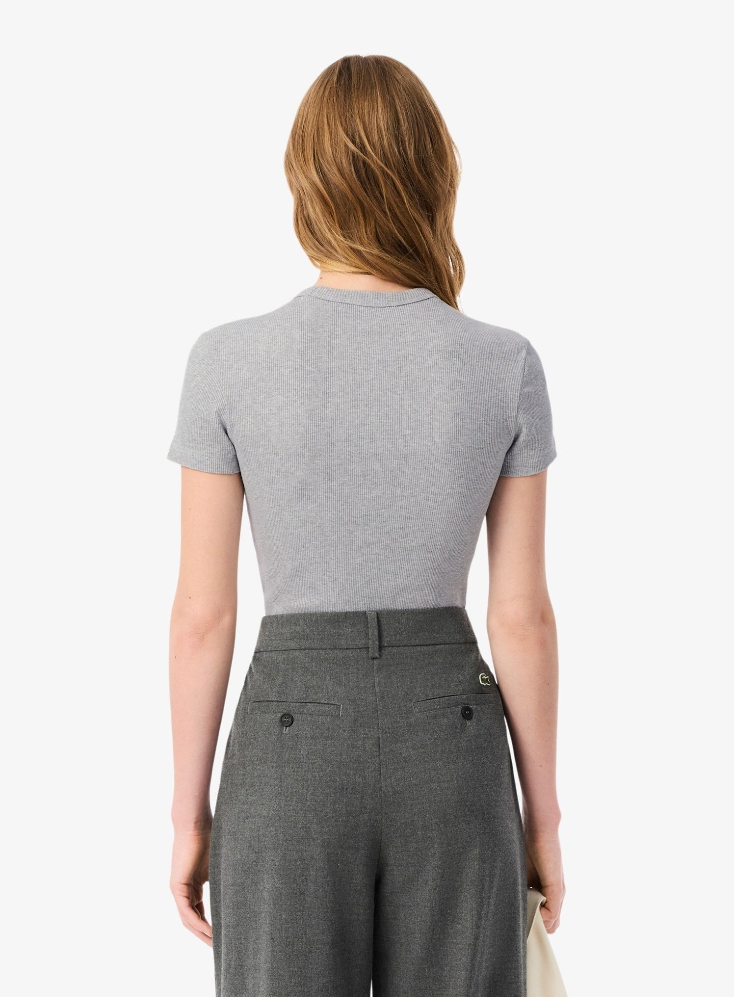 LACOSTE WOMEN Slim Fit Ribbed Cotton T-shirt Grey