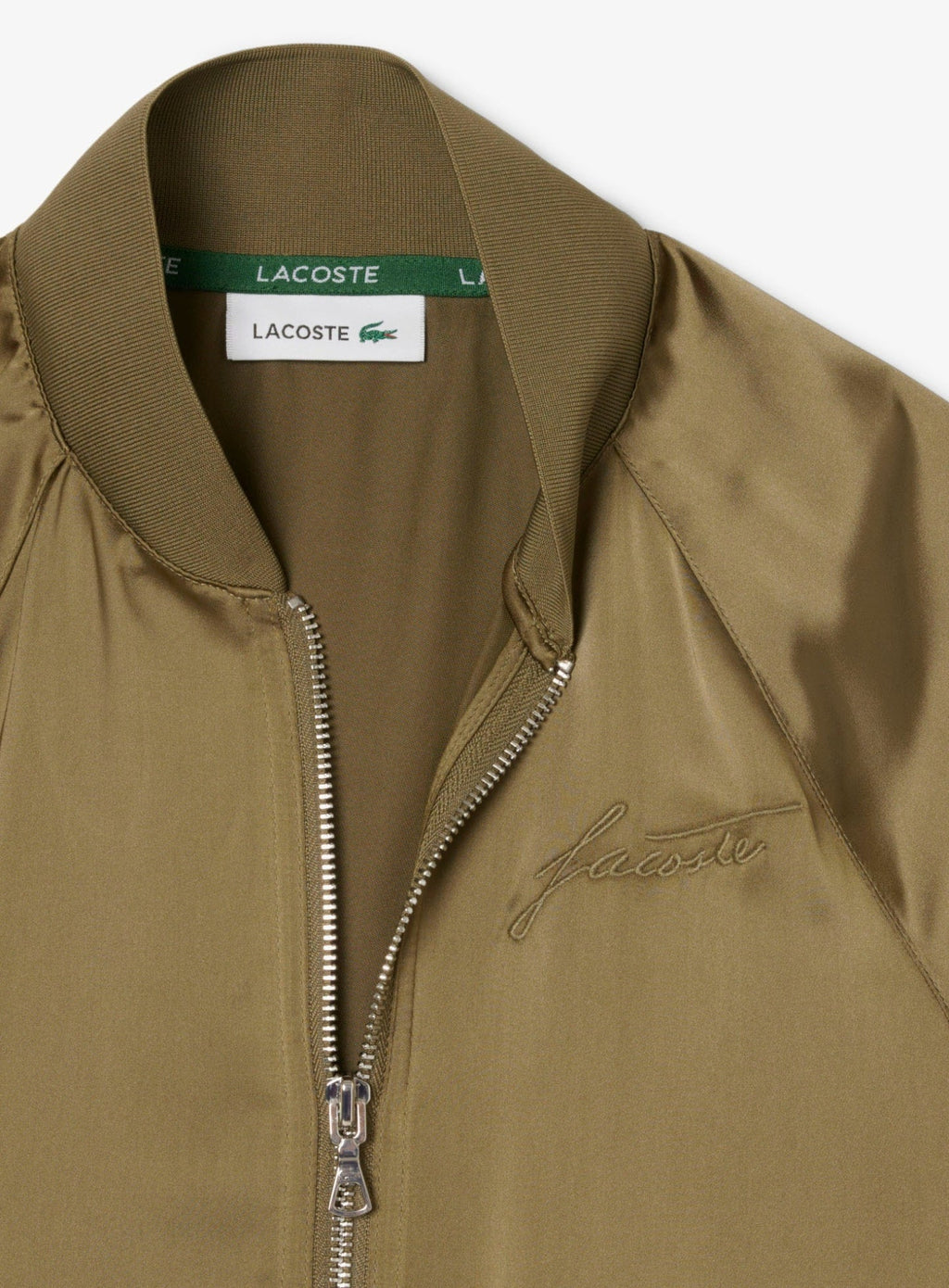 LACOSTE WOMEN Oversized Embroidered Signature Satin Bomber Jacket Khaki Green