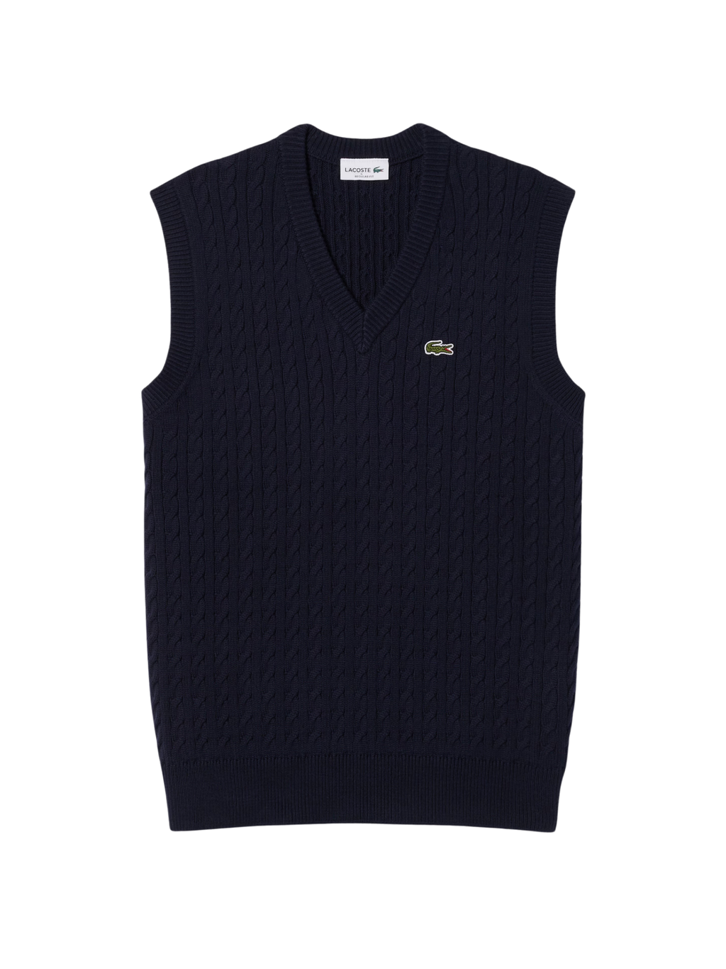 LACOSTE Cable Knit Cotton Sweater Vest Navy Blue