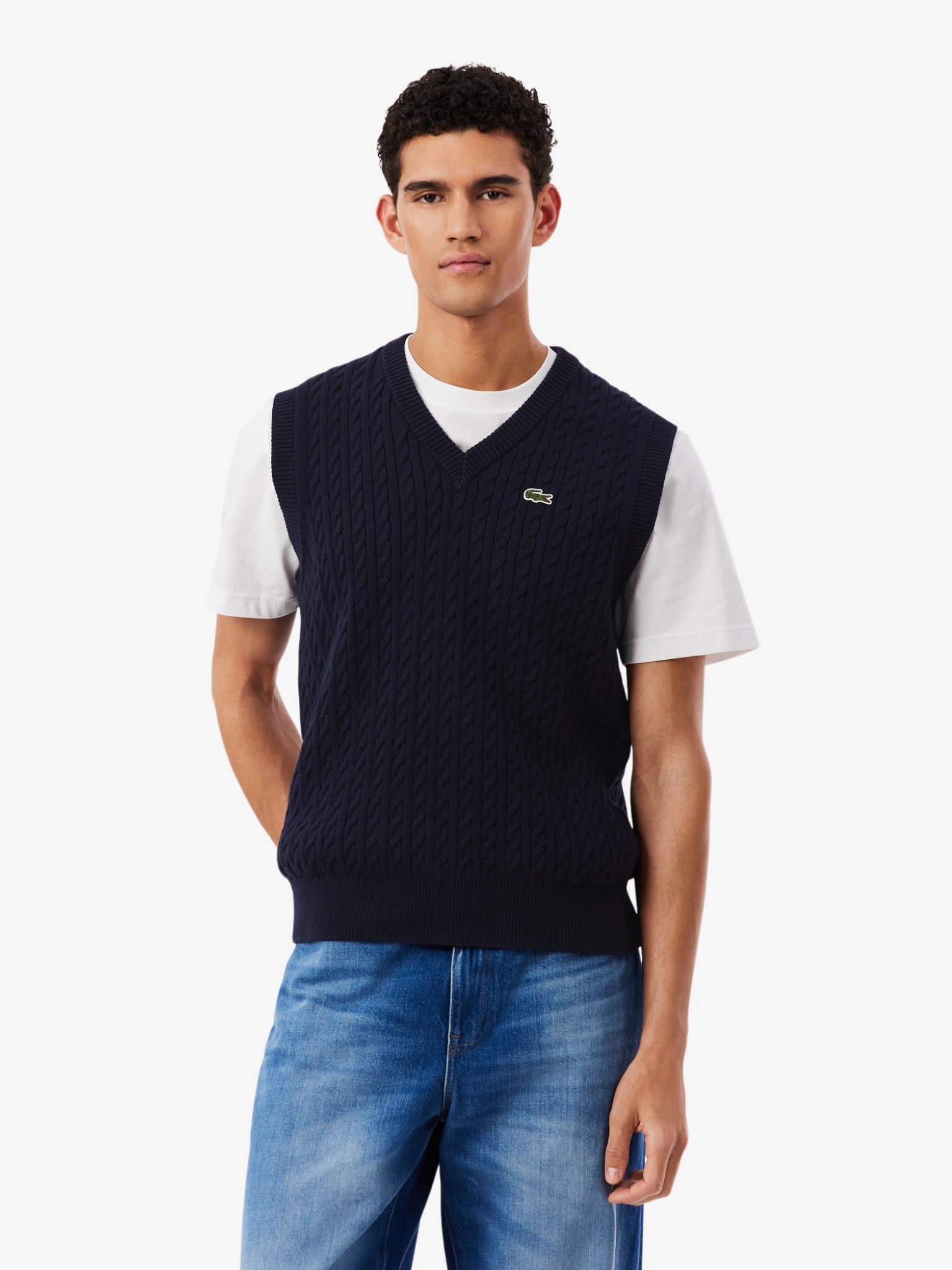 LACOSTE Cable Knit Cotton Sweater Vest Navy Blue