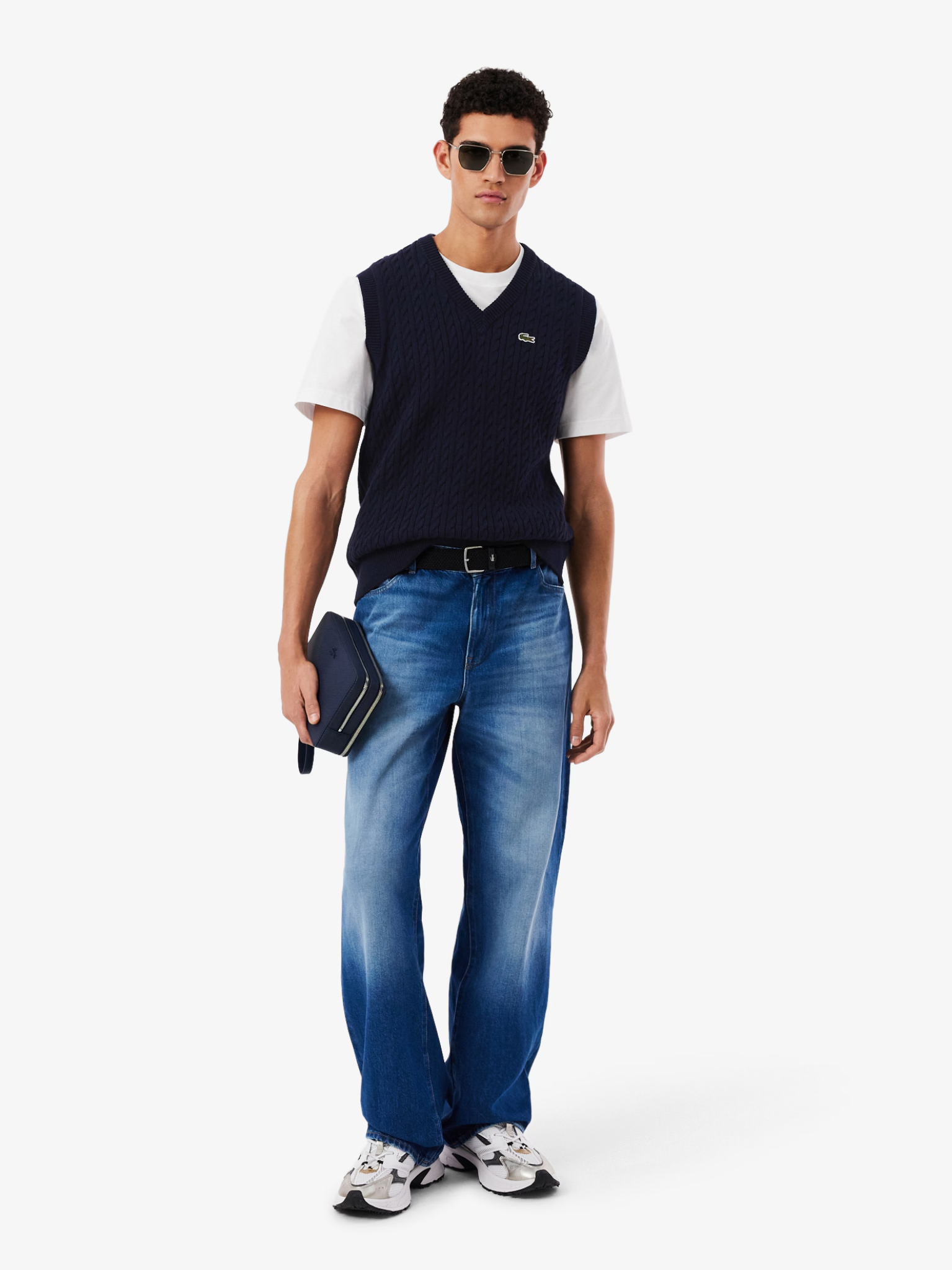 LACOSTE Cable Knit Cotton Sweater Vest Navy Blue