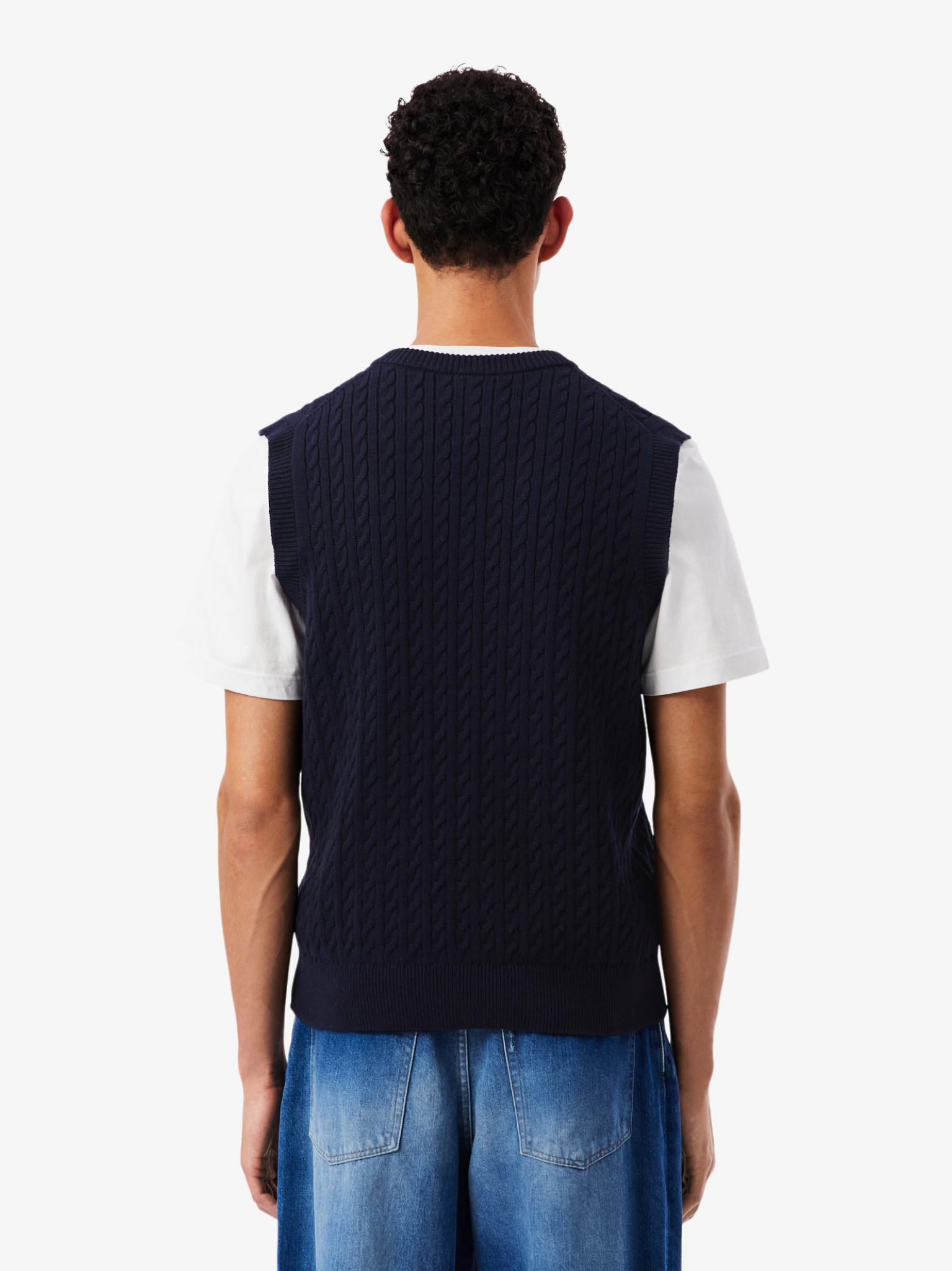 LACOSTE Cable Knit Cotton Sweater Vest Navy Blue