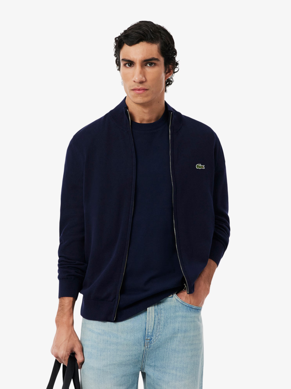 LACOSTE Zipped High Neck Cotton Sweater Midnight Blue