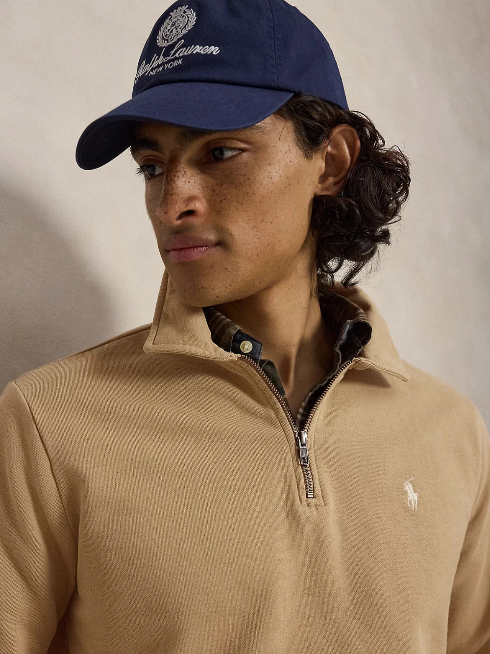 RALPH LAUREN Loopback Fleece Quarter-Zip Sweatshirt Vintage Khaki