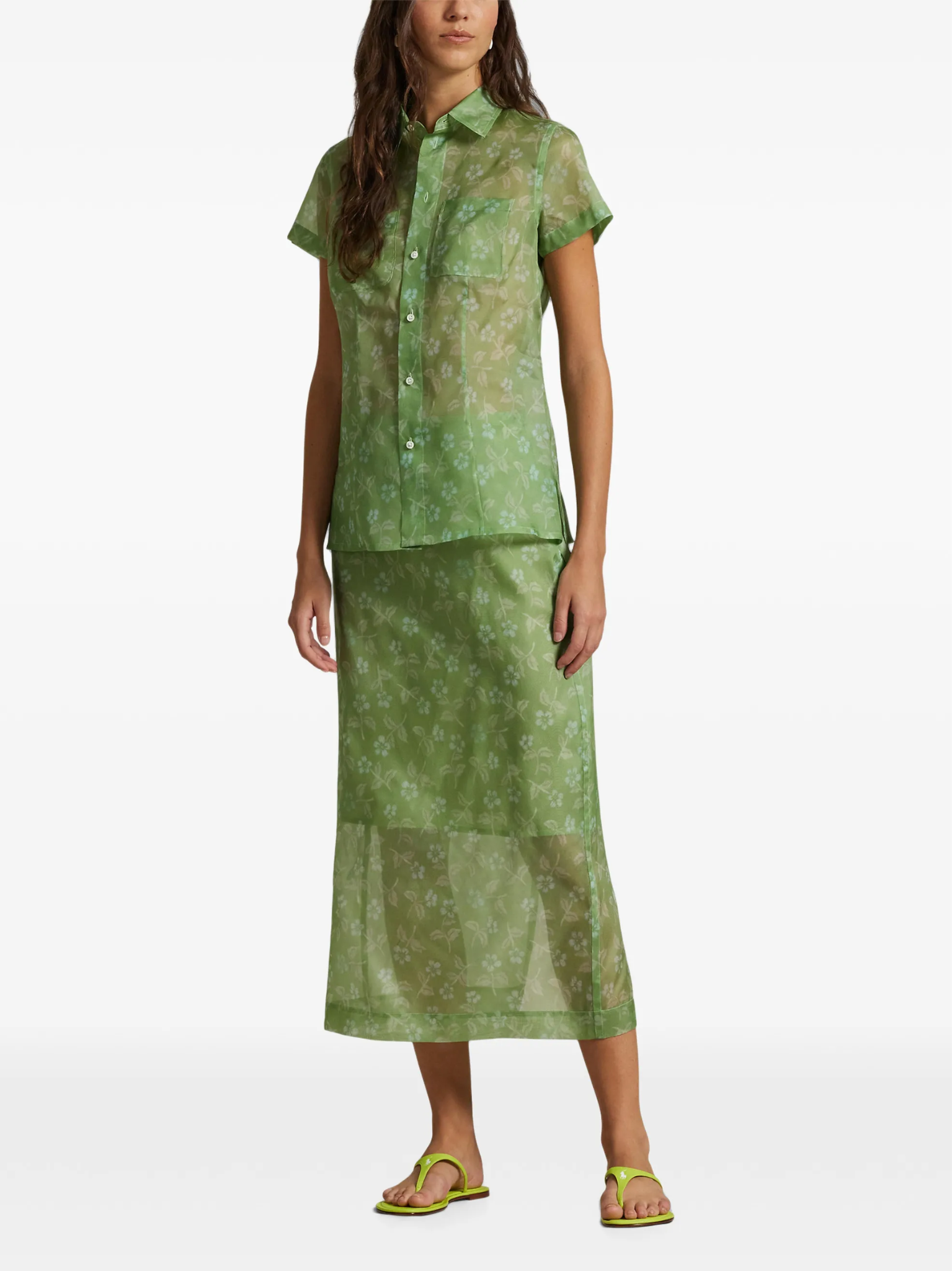 RALPH LAUREN WOMEN Floral Silk Organza Shirt Spring Blossom Blue Green