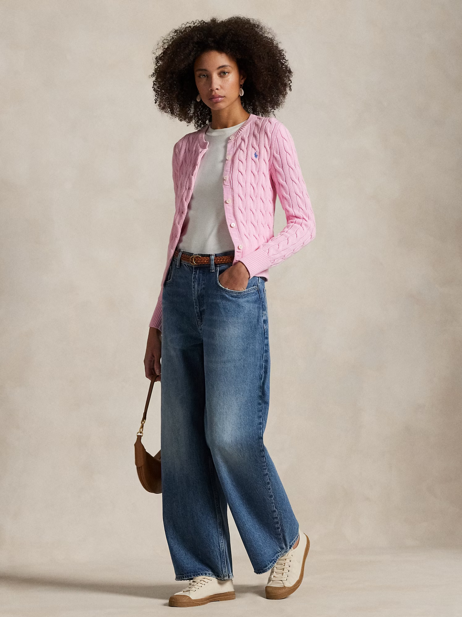 RALPH LAUREN WOMEN Cable-Knit Cotton Crewneck Cardigan Carmel Pink