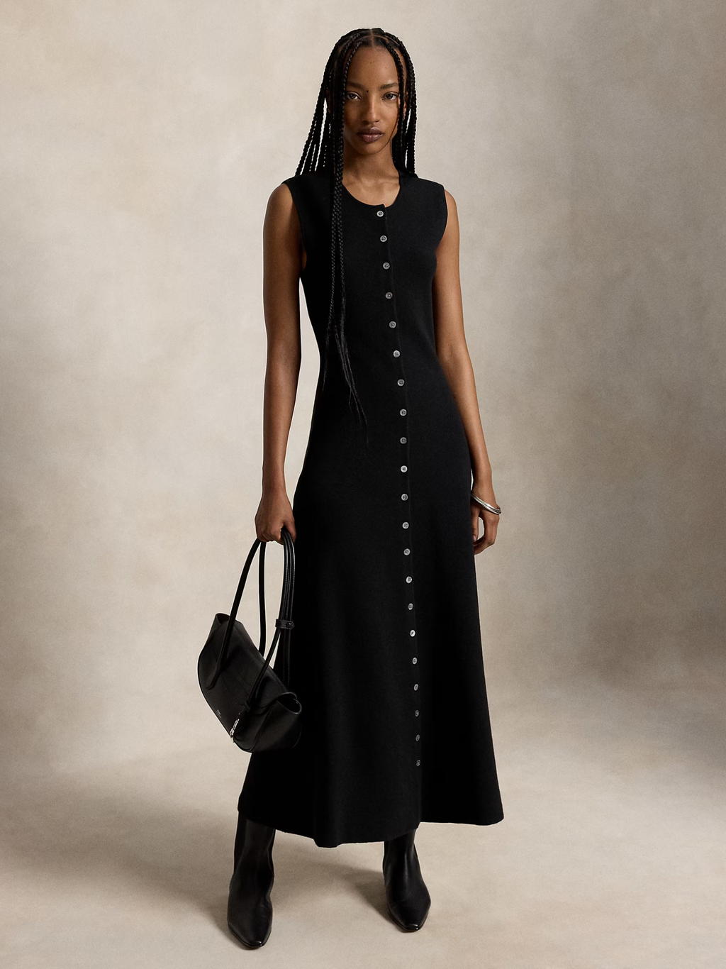 RALPH LAUREN WOMEN Buttoned Wool-Blend Sleeveless Dress Black