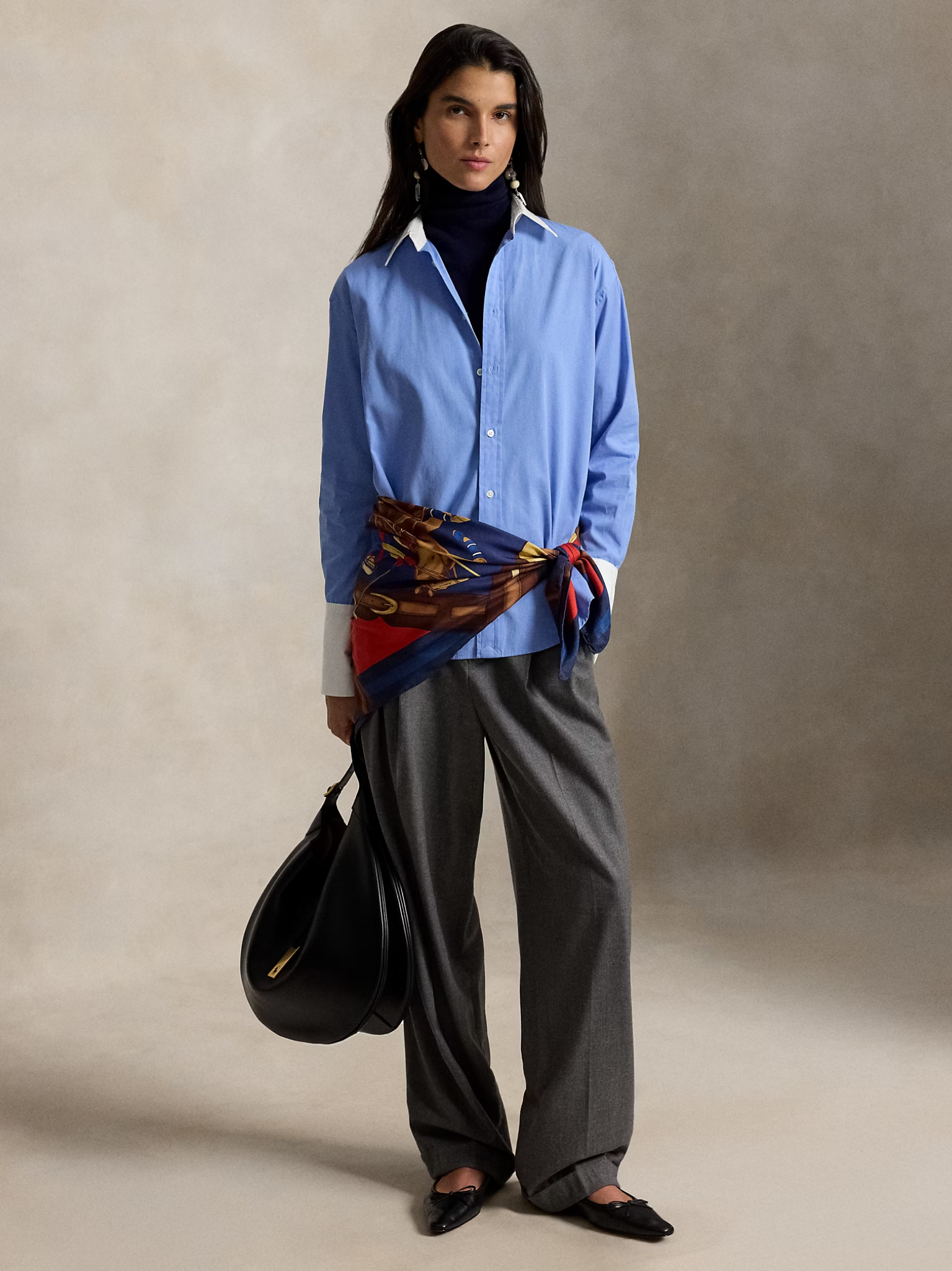 RALPH LAUREN WOMEN Extended Cuff Cotton Shirt Chopin Blue