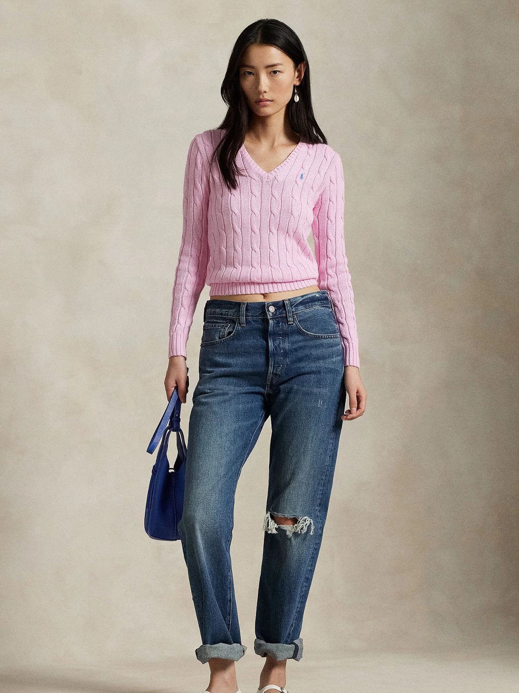 RALPH LAUREN WOMEN Cable-Knit Cotton V-Neck Jumper Carmel Pink