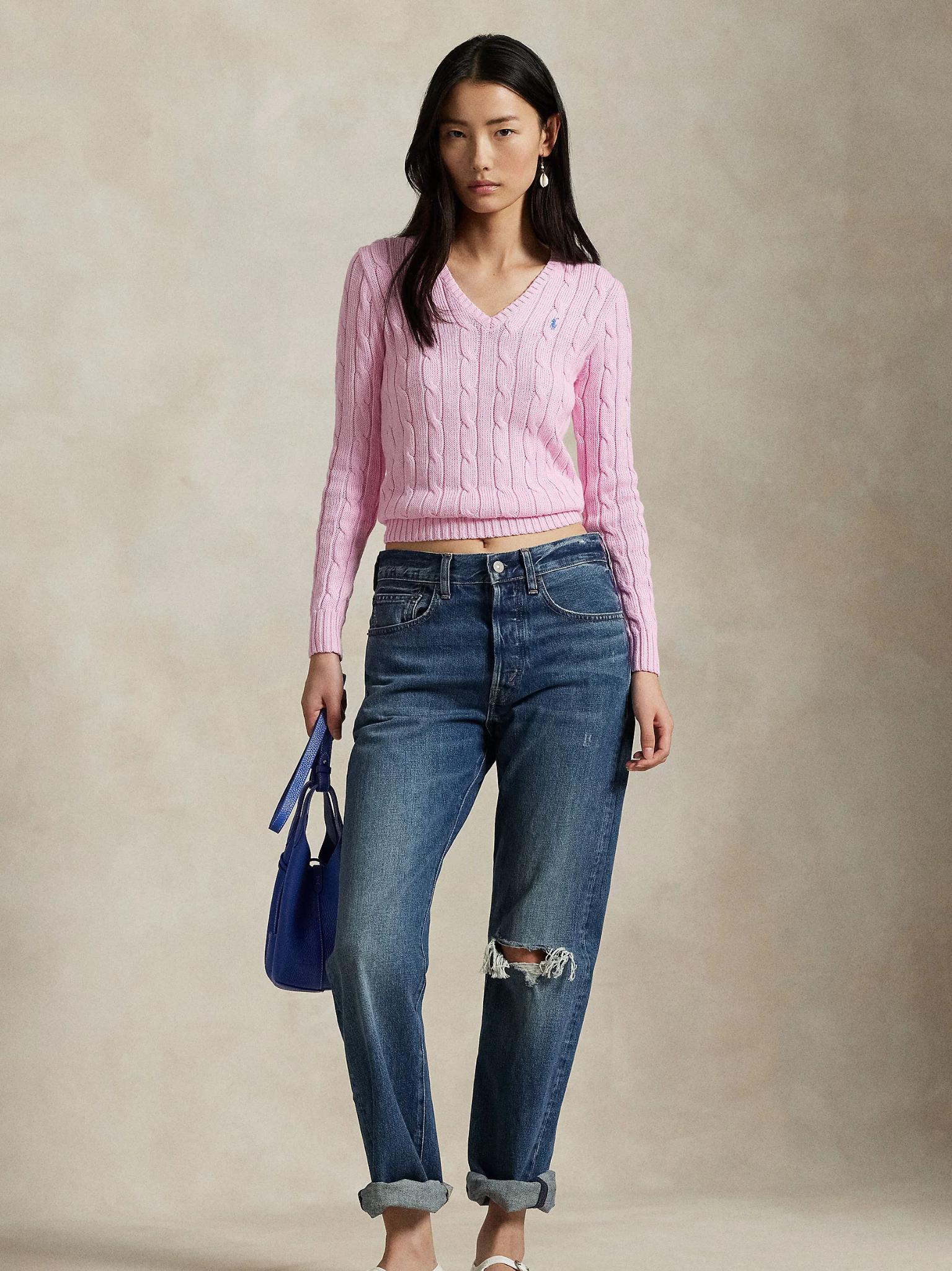 RALPH LAUREN WOMEN Cable-Knit Cotton V-Neck Jumper Carmel Pink