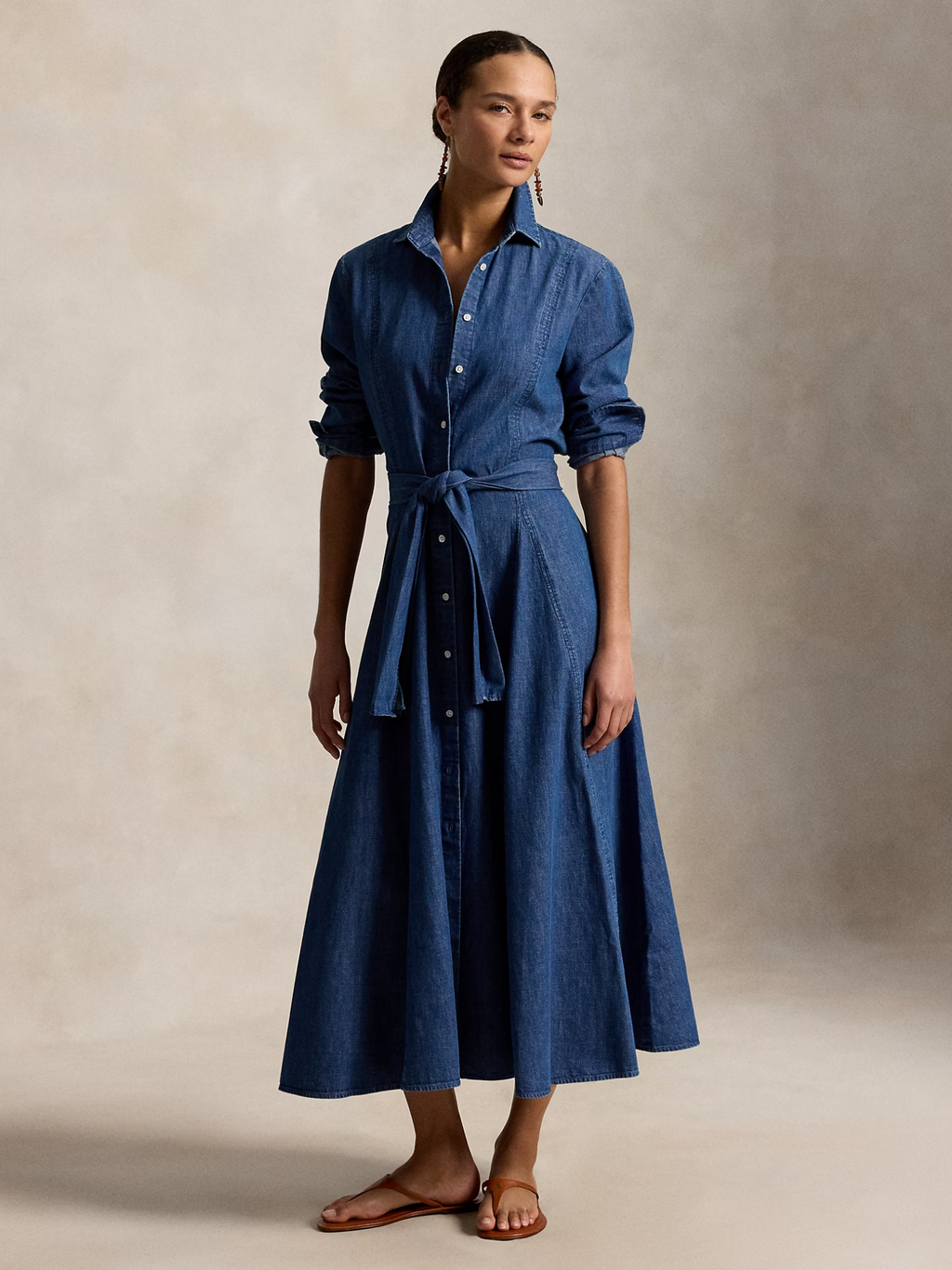 RALPH LAUREN WOMEN Chambray Tie-Waist Shirt Dress Chambray Blue