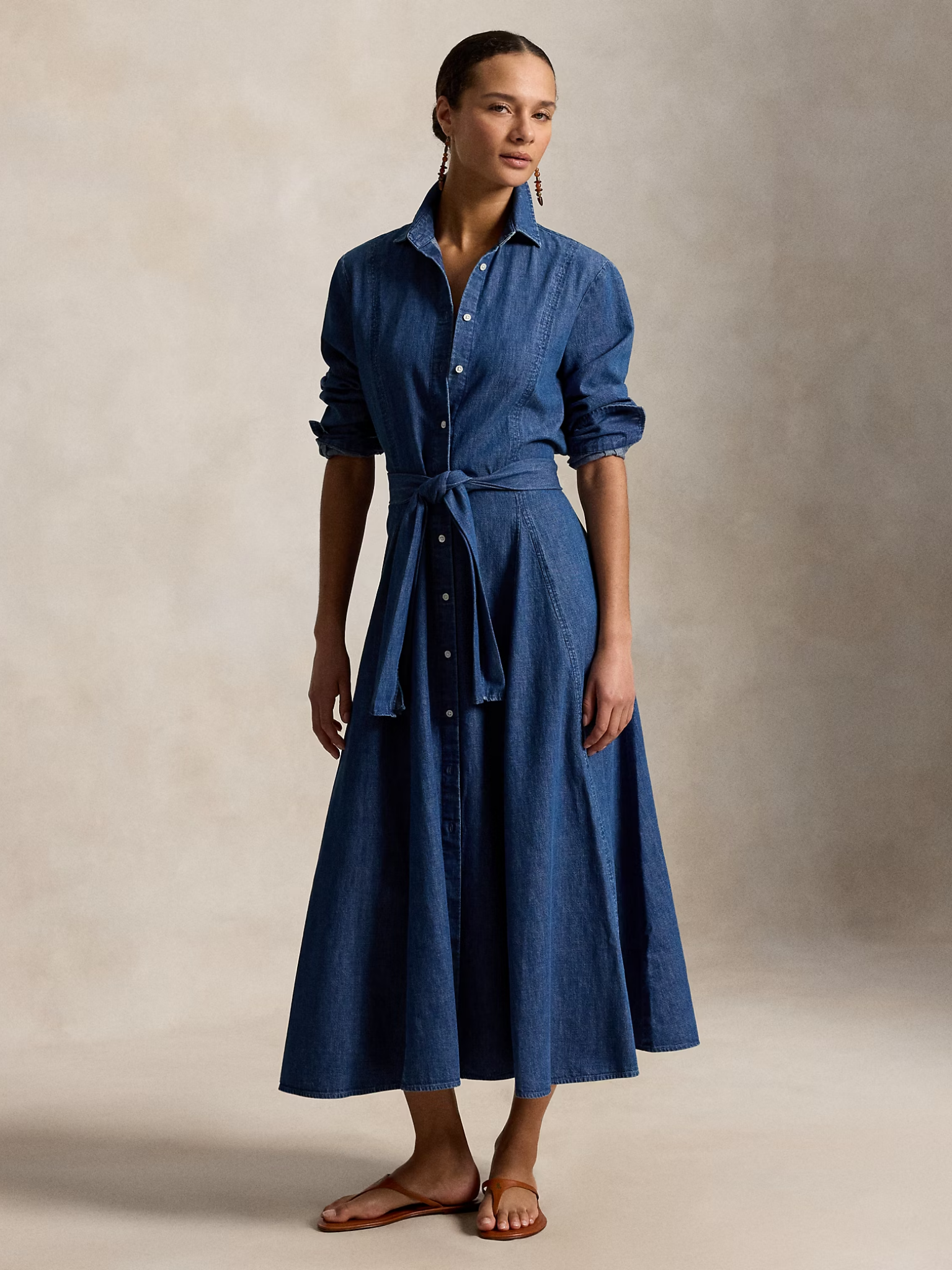 RALPH LAUREN WOMEN Chambray Tie-Waist Shirt Dress Chambray Blue