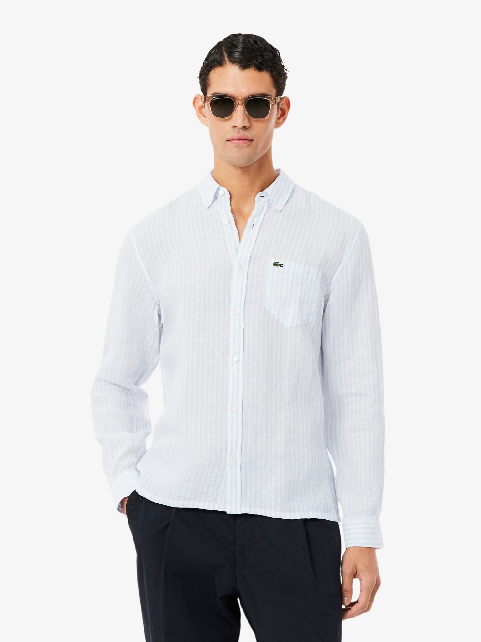 LACOSTE Regular Fit Striped Linen Shirt Blue/White