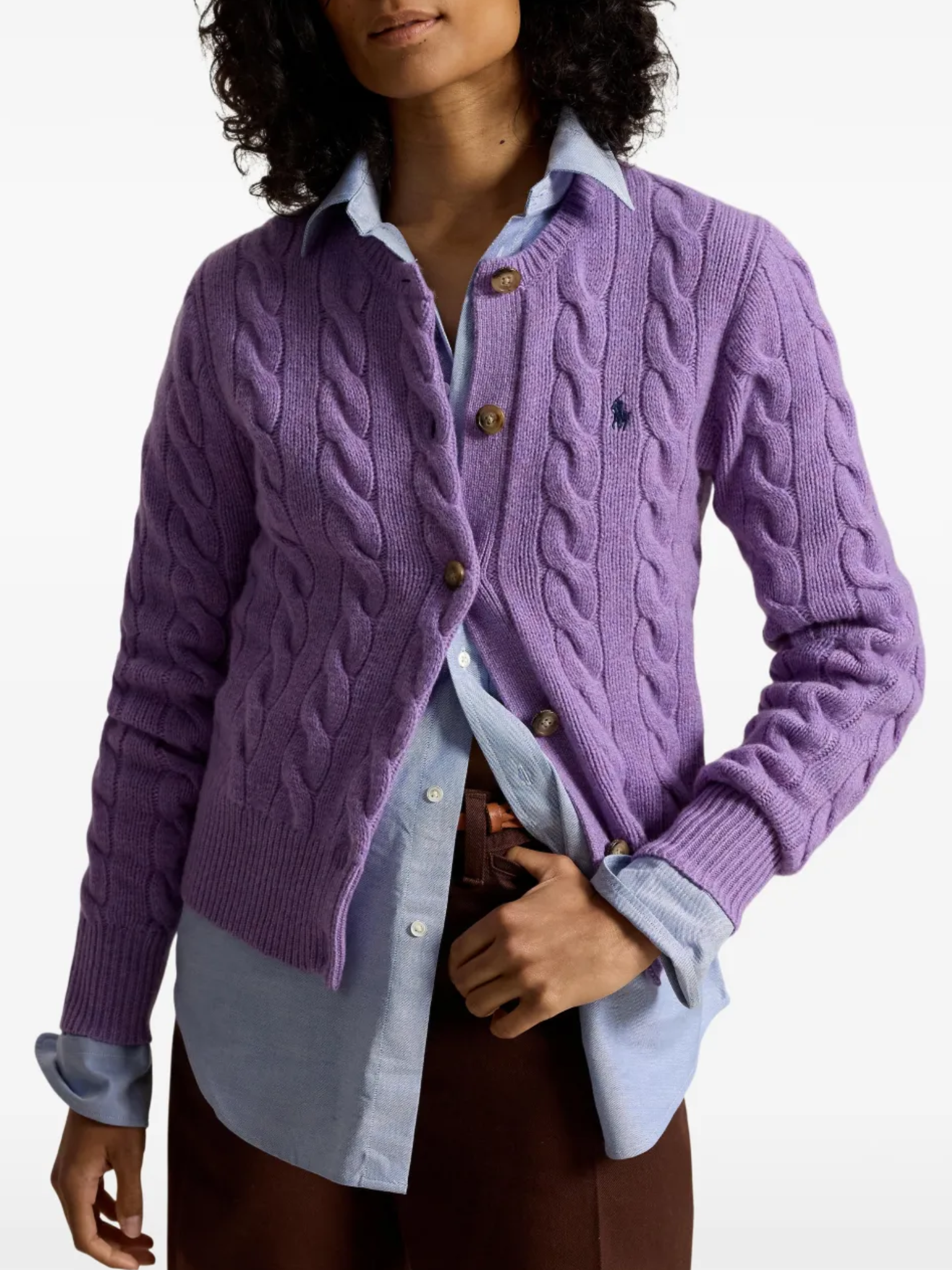 RALPH LAUREN WOMEN Cable-knit Wool Cashmere Cardigan Amethyst Falls Heather