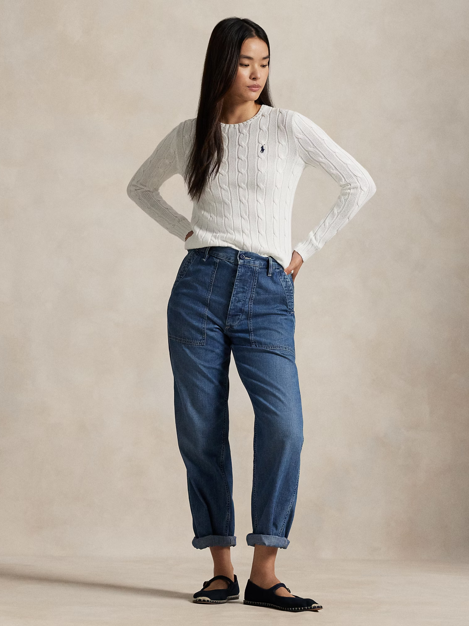 RALPH LAUREN WOMEN Cable-Knit Cotton Crewneck Jumper White