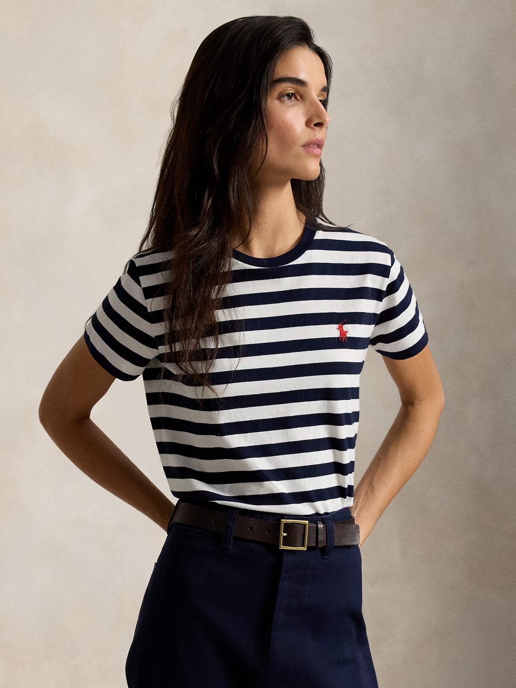 RALPH LAUREN WOMEN Striped Cotton Jersey T-Shirt Hunter Navy/White