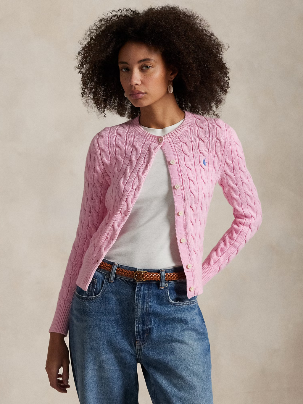 RALPH LAUREN WOMEN Cable-Knit Cotton Crewneck Cardigan Carmel Pink