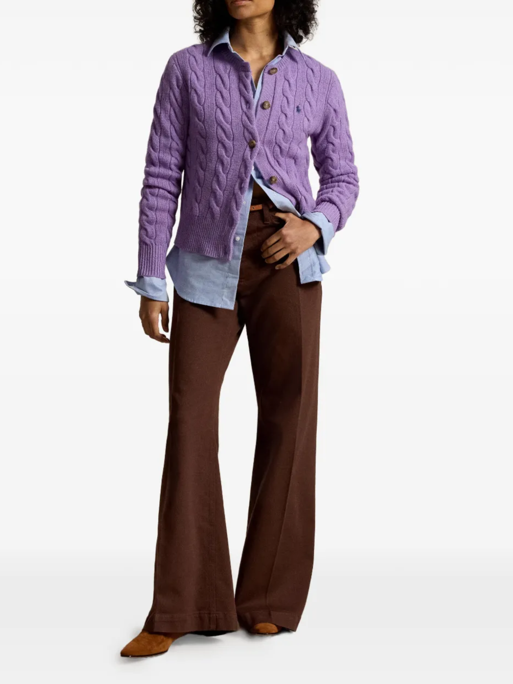 RALPH LAUREN WOMEN Cable-knit Wool Cashmere Cardigan Amethyst Falls Heather