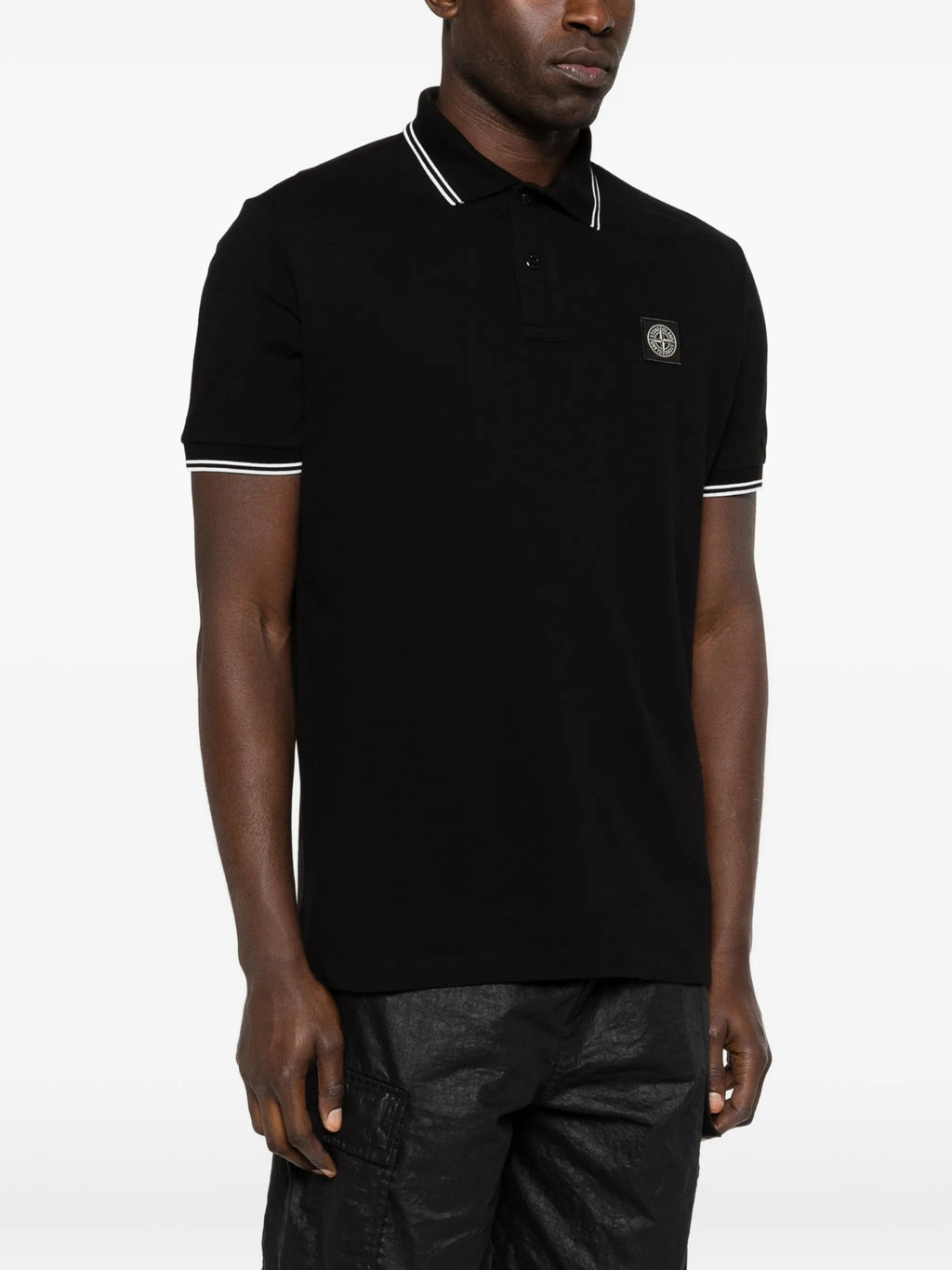 STONE ISLAND Logo Patch Cotton Piqué Polo Shirt Black