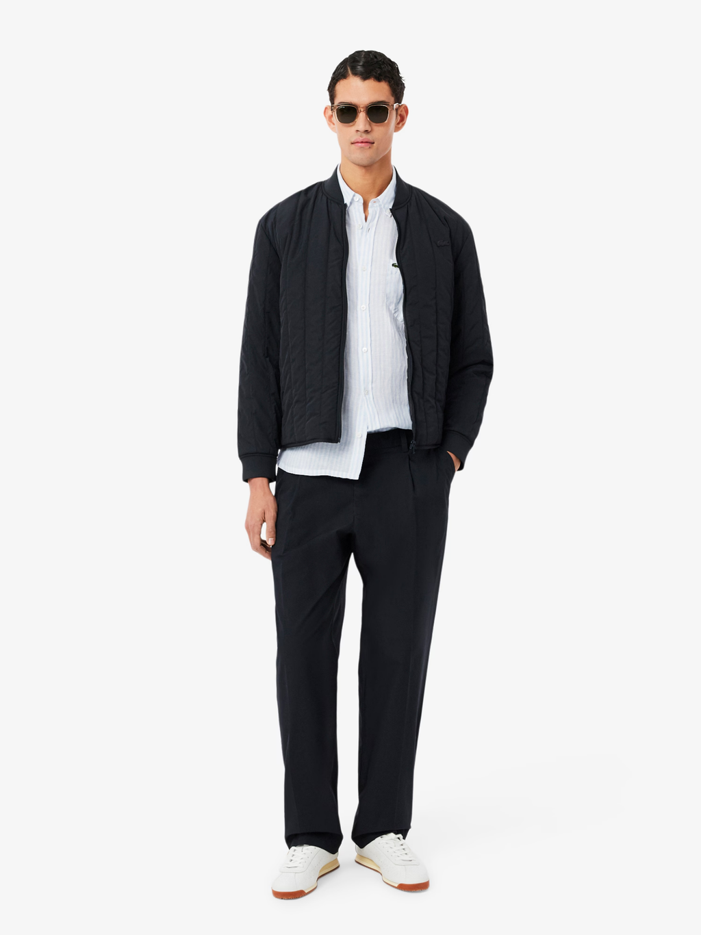 LACOSTE Regular Fit Striped Linen Shirt Blue/White