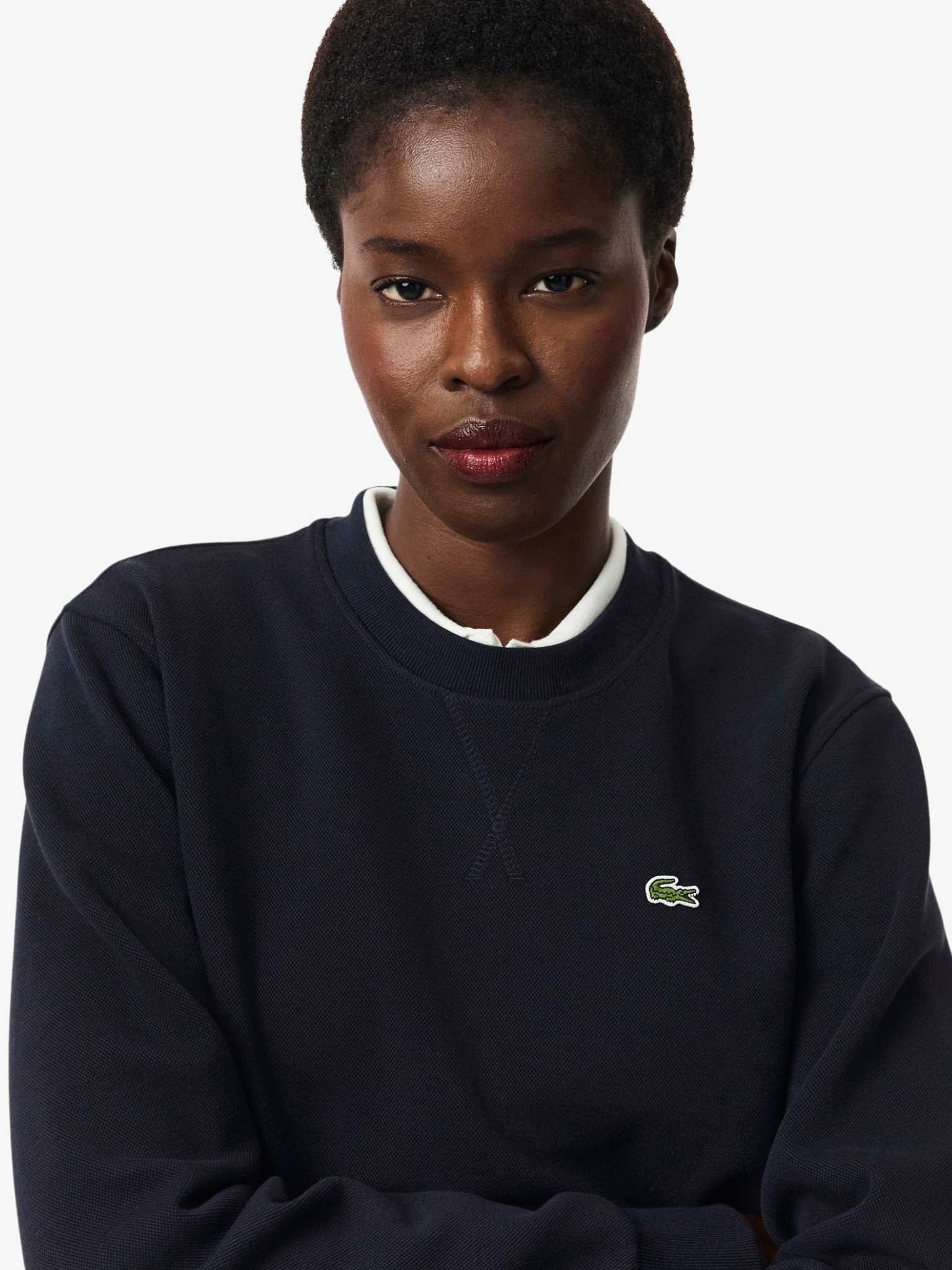 LACOSTE WOMEN Relaxed Fit Piqué Crew Neck Sweatshirt Navy Blue