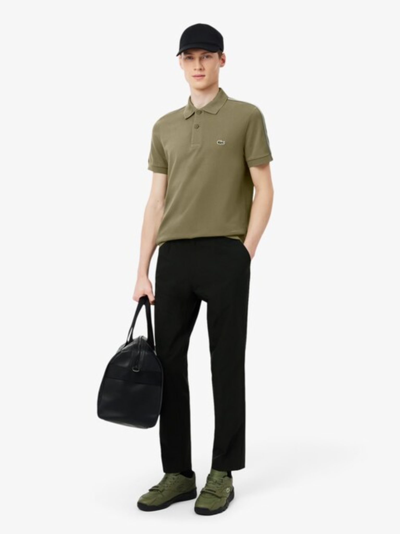 LACOSTE Regular Fit Logo Stripe Polo Shirt Khaki Green