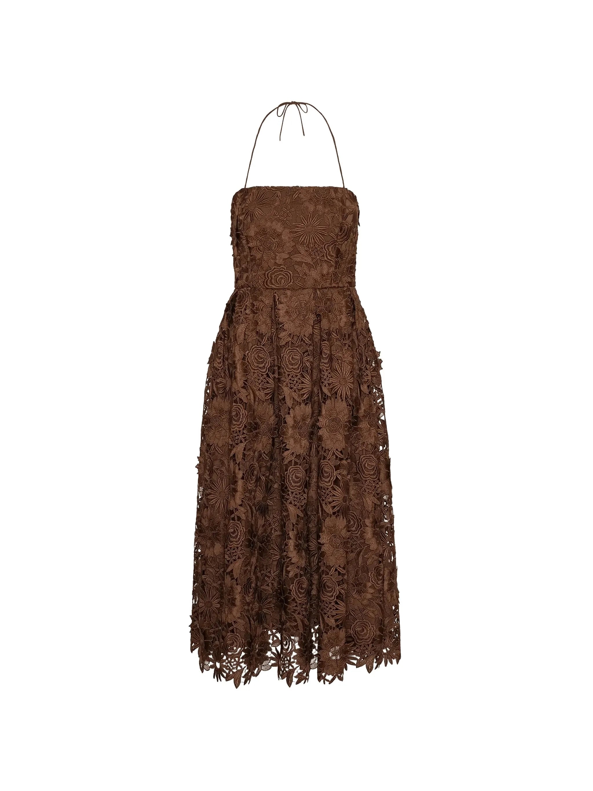 ROTATE BIRGER CHRISTENSEN WOMEN 3D Lace Flared Midi Dress Dark Brown