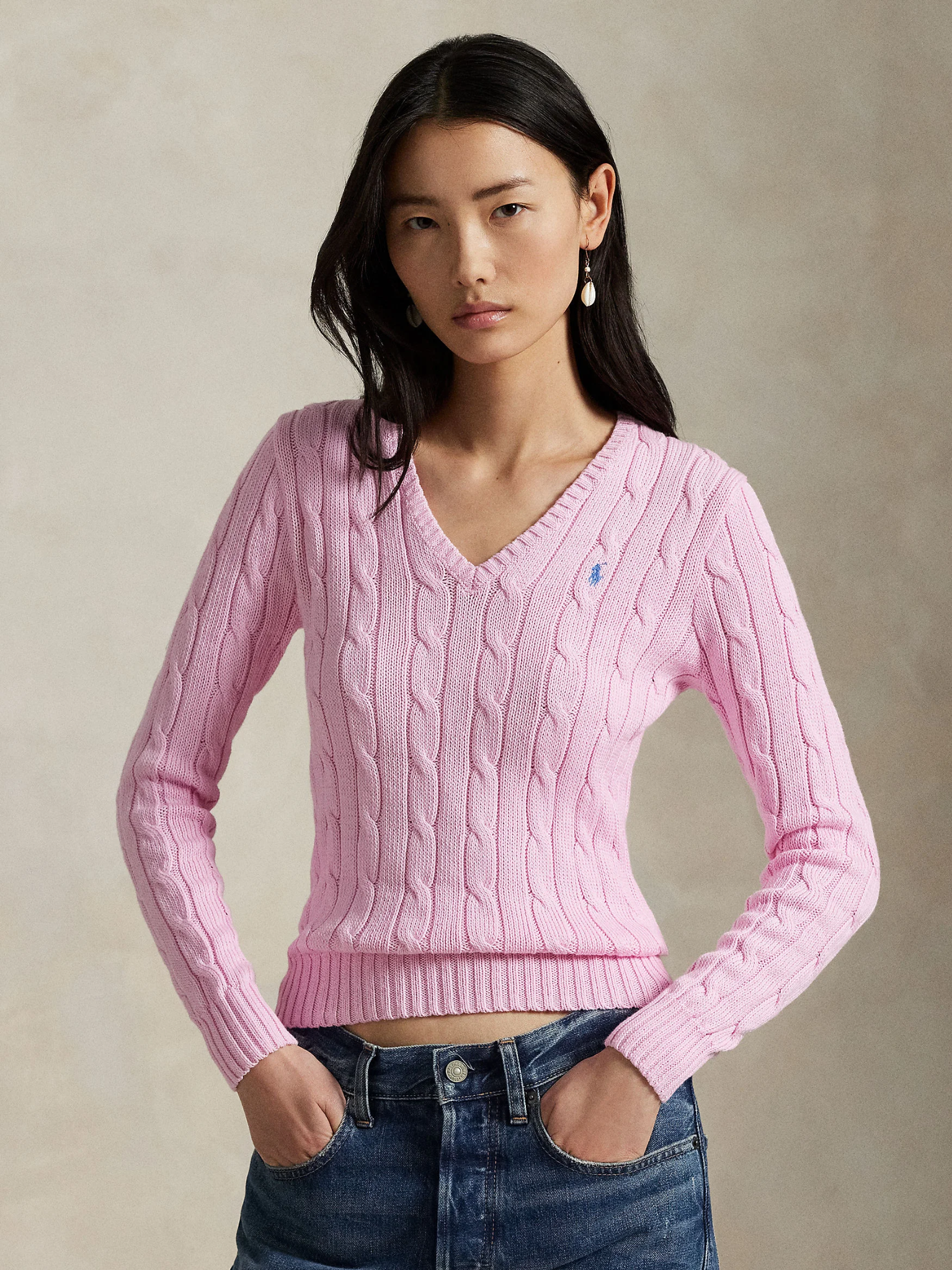RALPH LAUREN WOMEN Cable-Knit Cotton V-Neck Jumper Carmel Pink