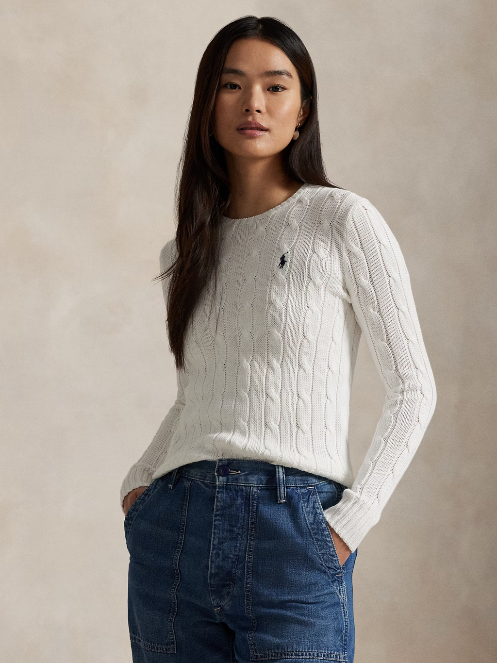 RALPH LAUREN WOMEN Cable-Knit Cotton Crewneck Jumper White