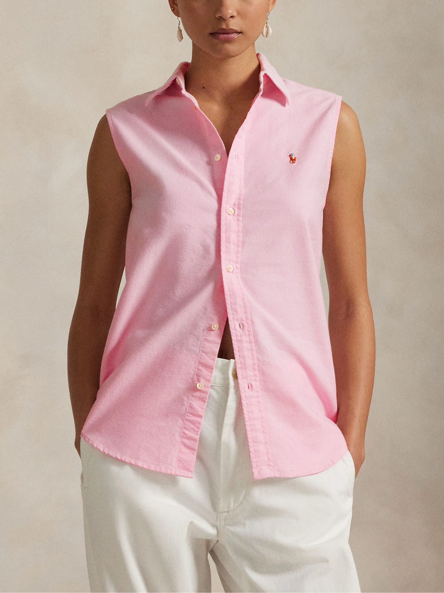 RALPH LAUREN WOMEN Cotton Oxford Sleeveless Shirt Bath Pink