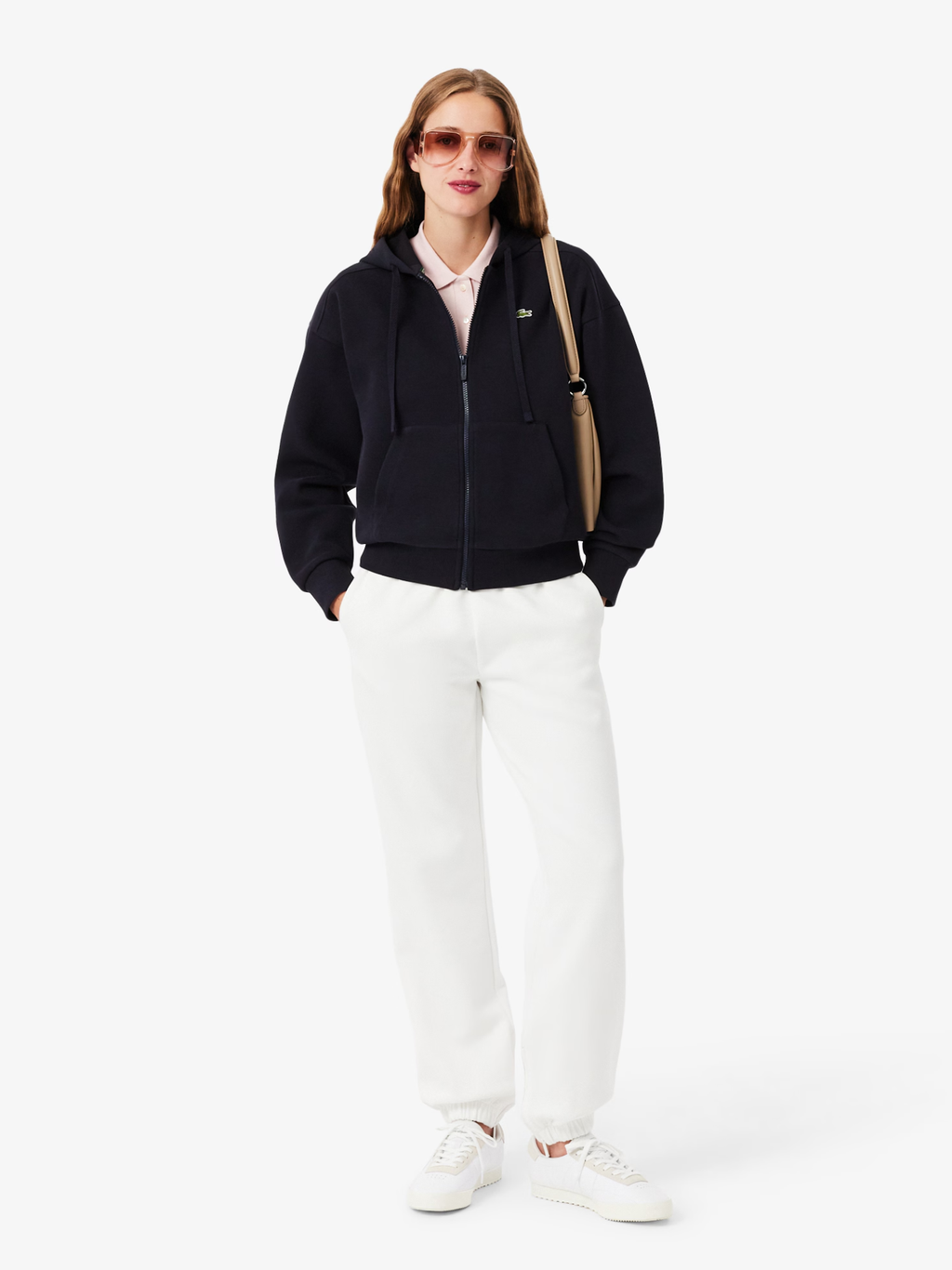 LACOSTE WOMEN Zipped Piqué Hoodie Navy Blue