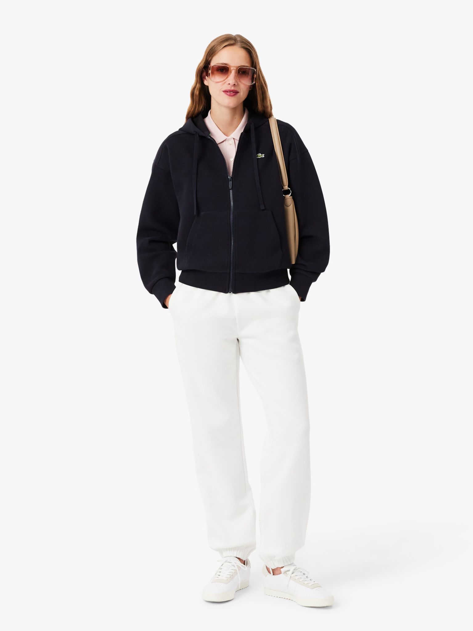 LACOSTE WOMEN Zipped Piqué Hoodie Navy Blue