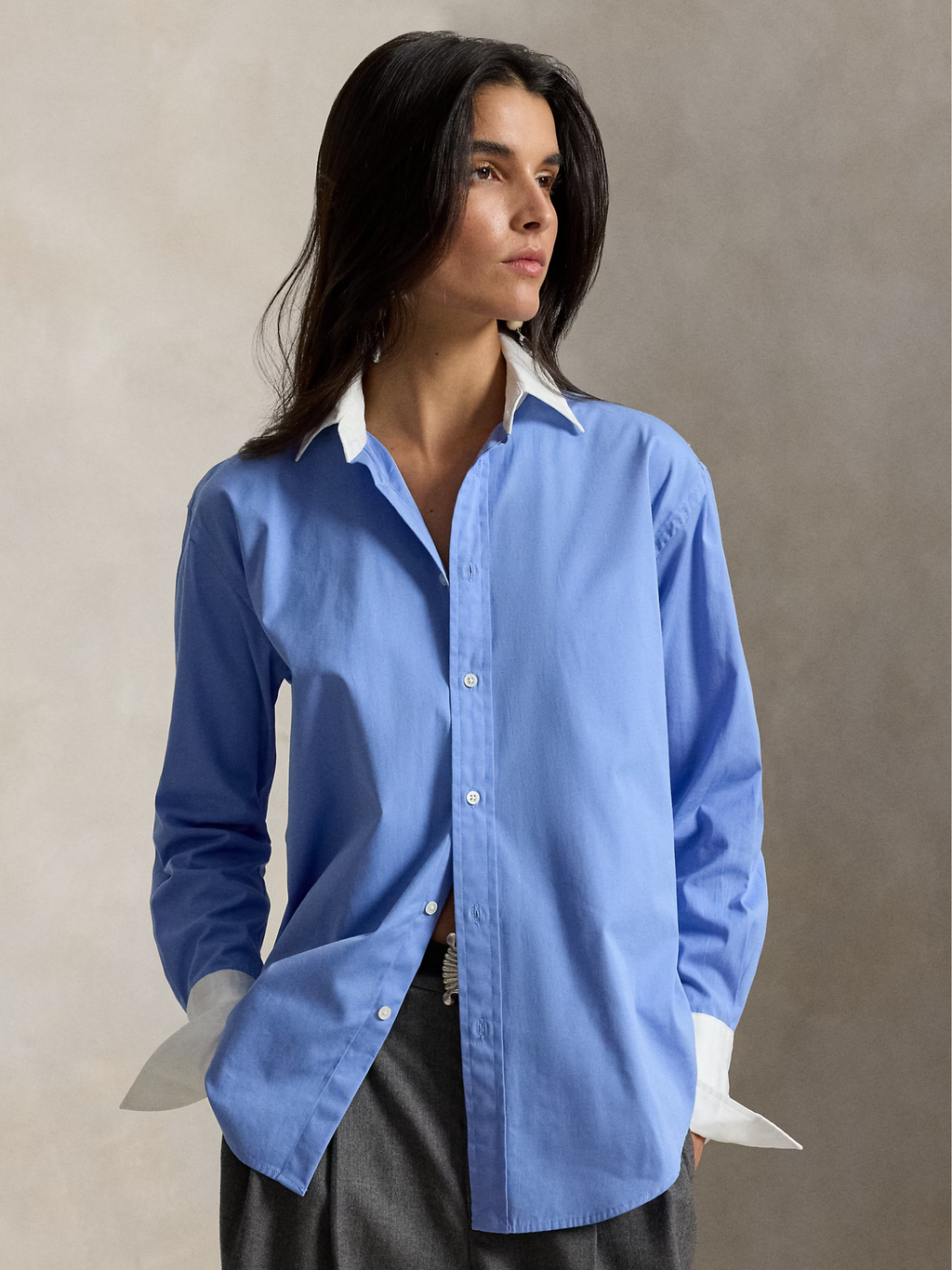 RALPH LAUREN WOMEN Extended Cuff Cotton Shirt Chopin Blue