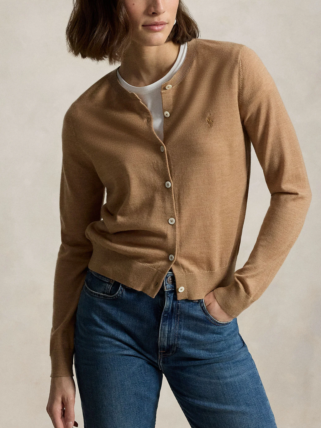 RALPH LAUREN WOMEN Wool Crewneck Cardigan Collection Camel Melange