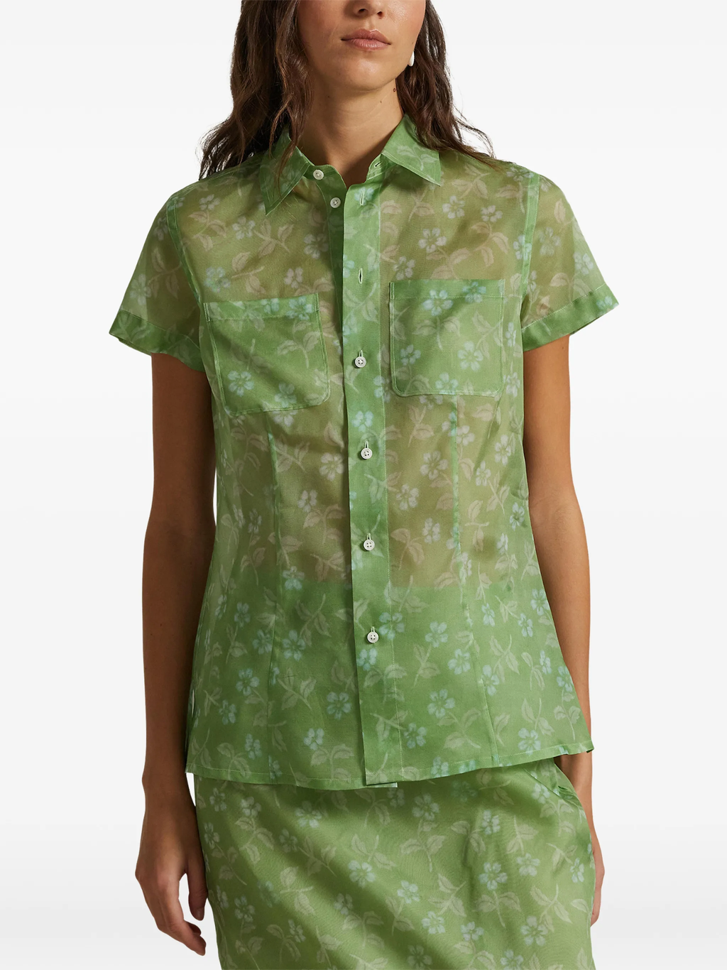 RALPH LAUREN WOMEN Floral Silk Organza Shirt Spring Blossom Blue Green