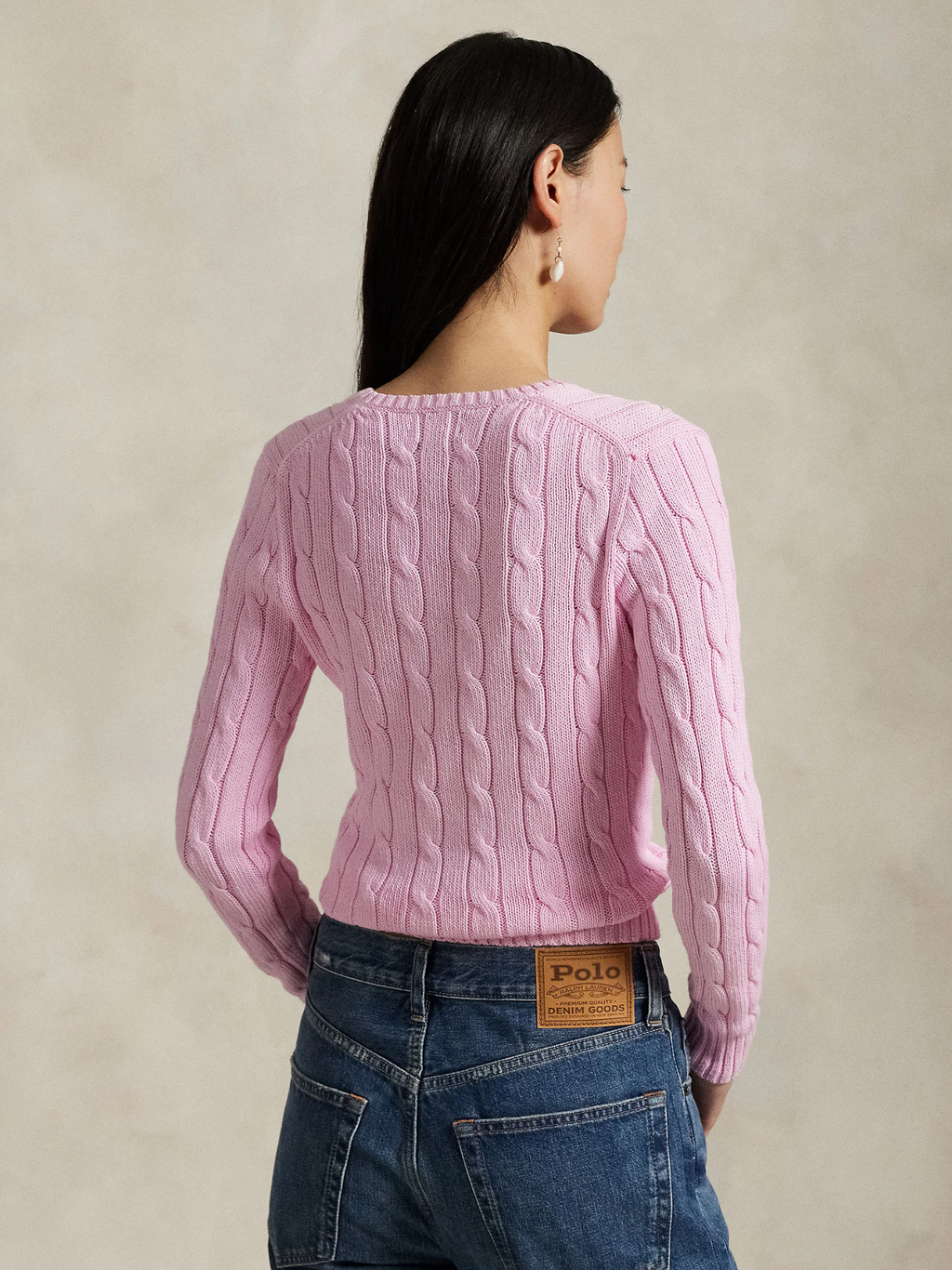 RALPH LAUREN WOMEN Cable-Knit Cotton V-Neck Jumper Carmel Pink