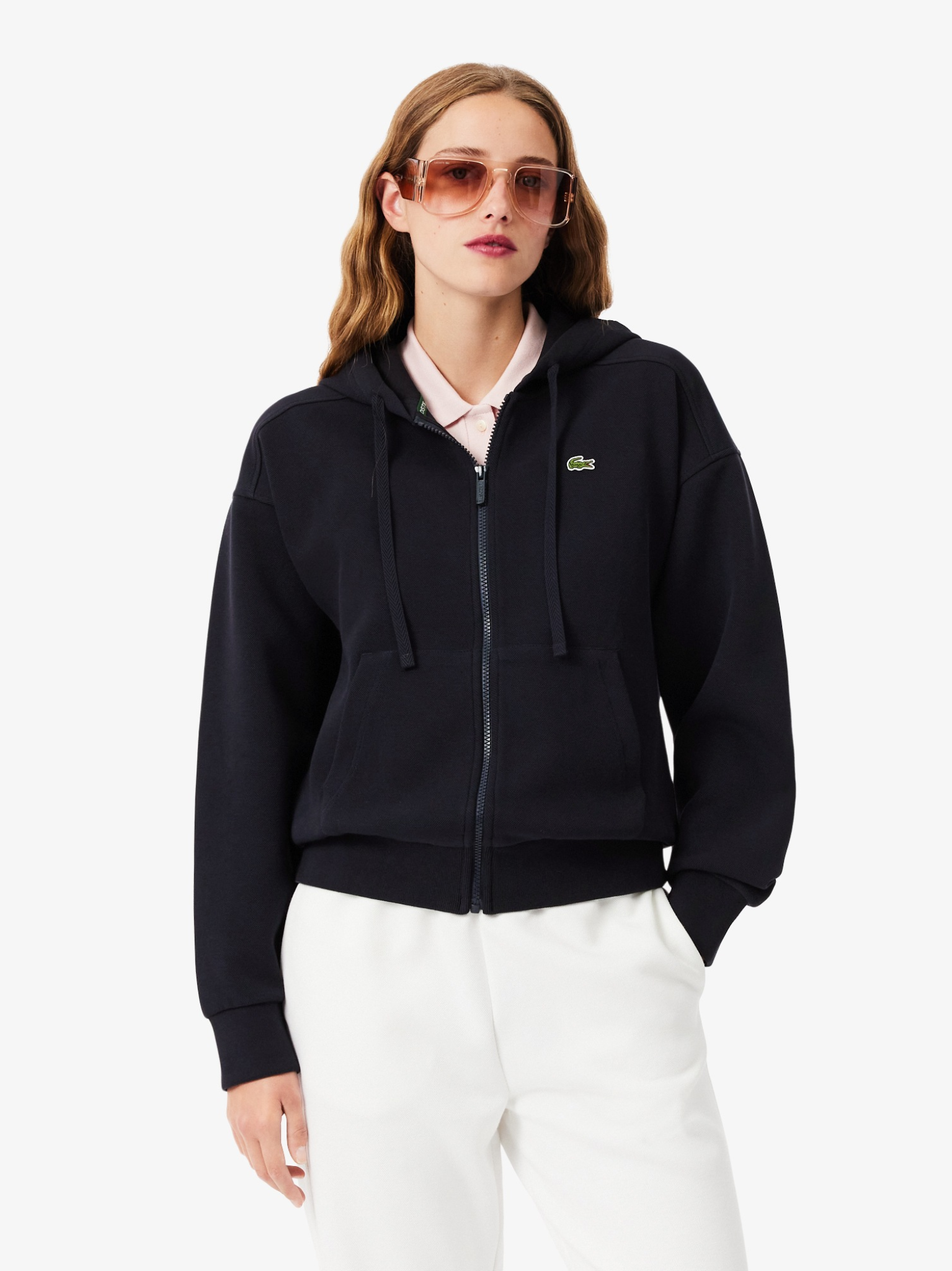 LACOSTE WOMEN Zipped Piqué Hoodie Navy Blue