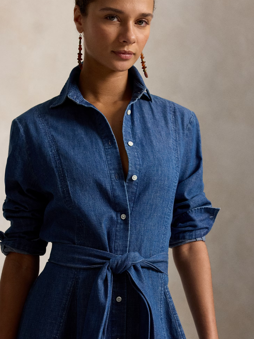 RALPH LAUREN WOMEN Chambray Tie-Waist Shirt Dress Chambray Blue