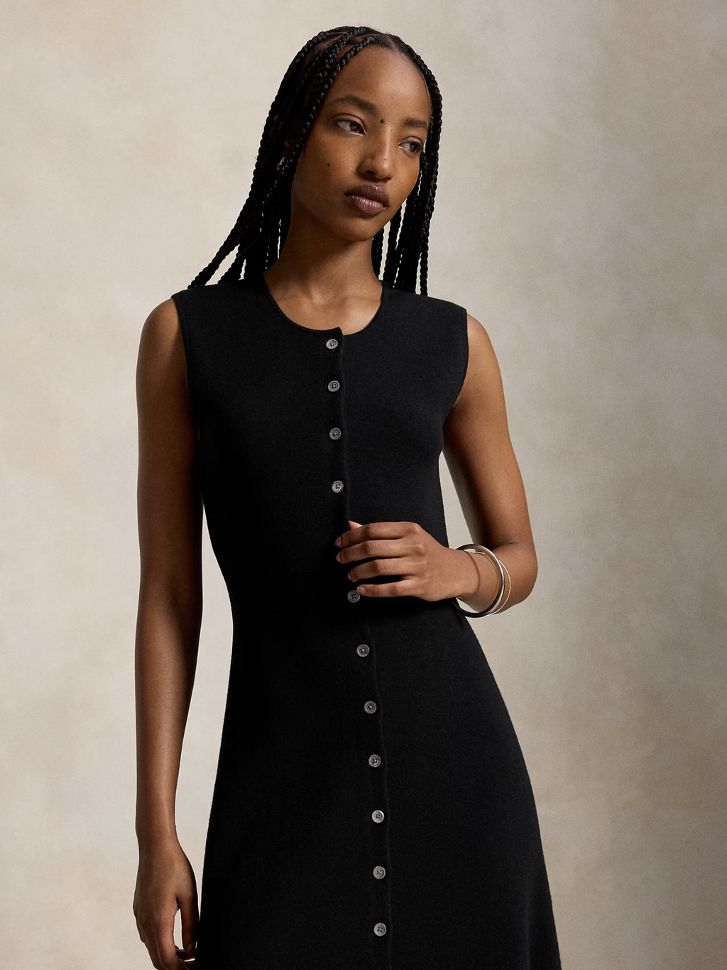 RALPH LAUREN WOMEN Buttoned Wool-Blend Sleeveless Dress Black