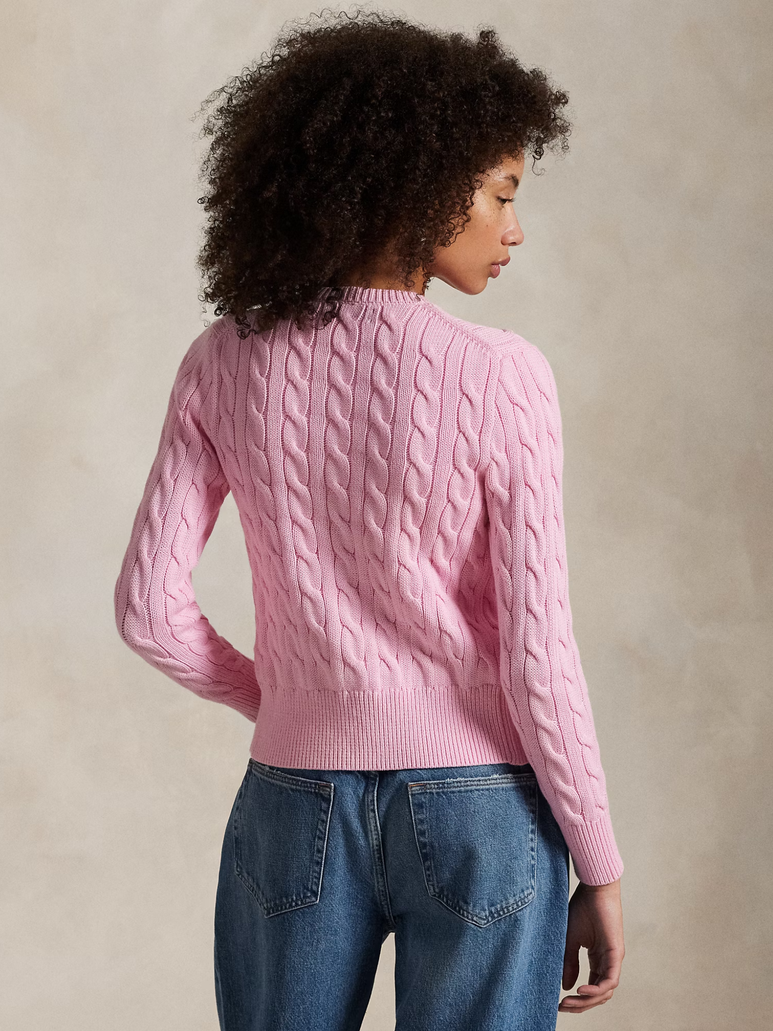 RALPH LAUREN WOMEN Cable-Knit Cotton Crewneck Cardigan Carmel Pink