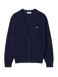 LACOSTE WOMEN V Neck Moss Stitch Cotton Cardigan Midnight Blue