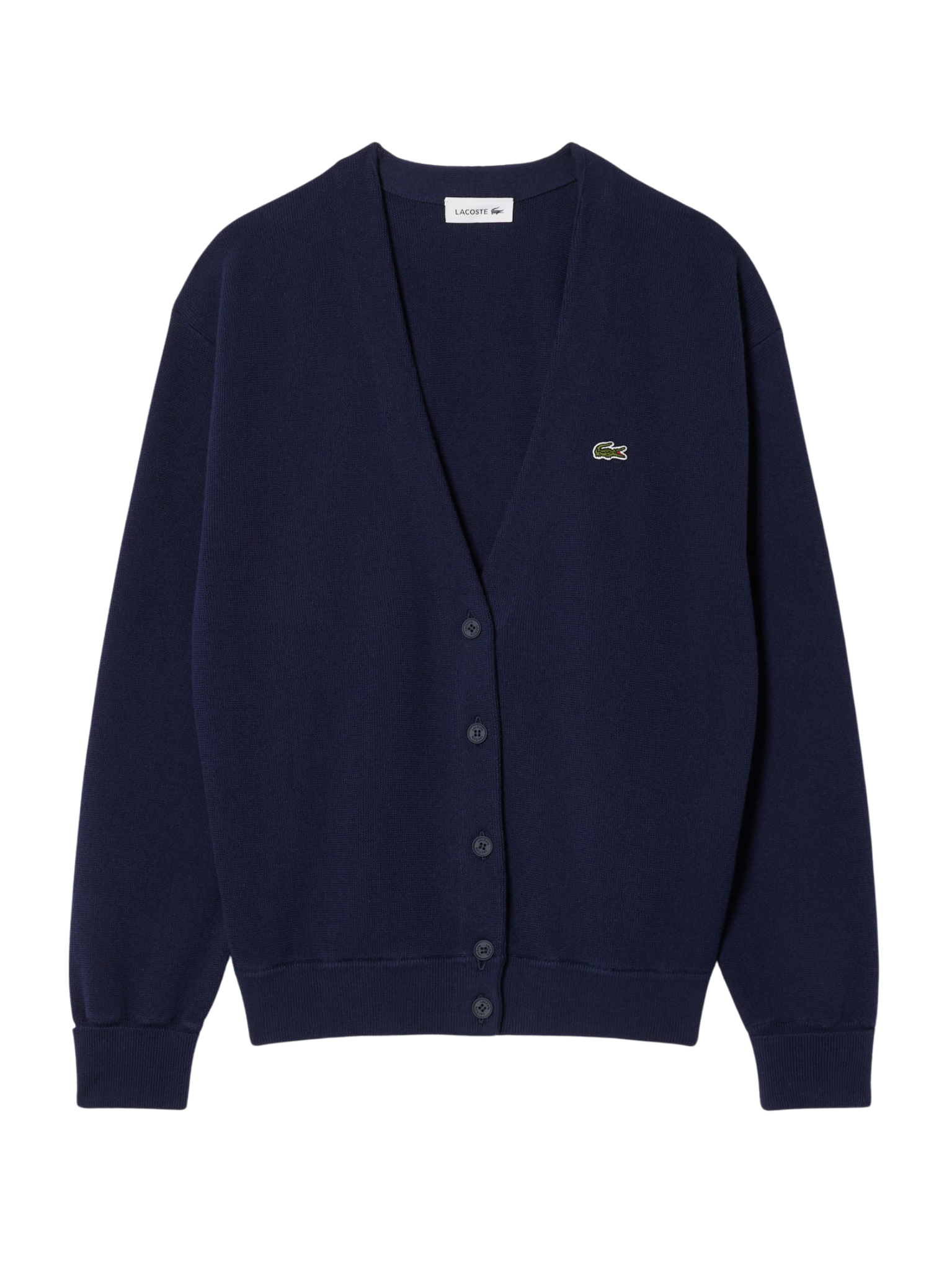 LACOSTE WOMEN V Neck Moss Stitch Cotton Cardigan Midnight Blue