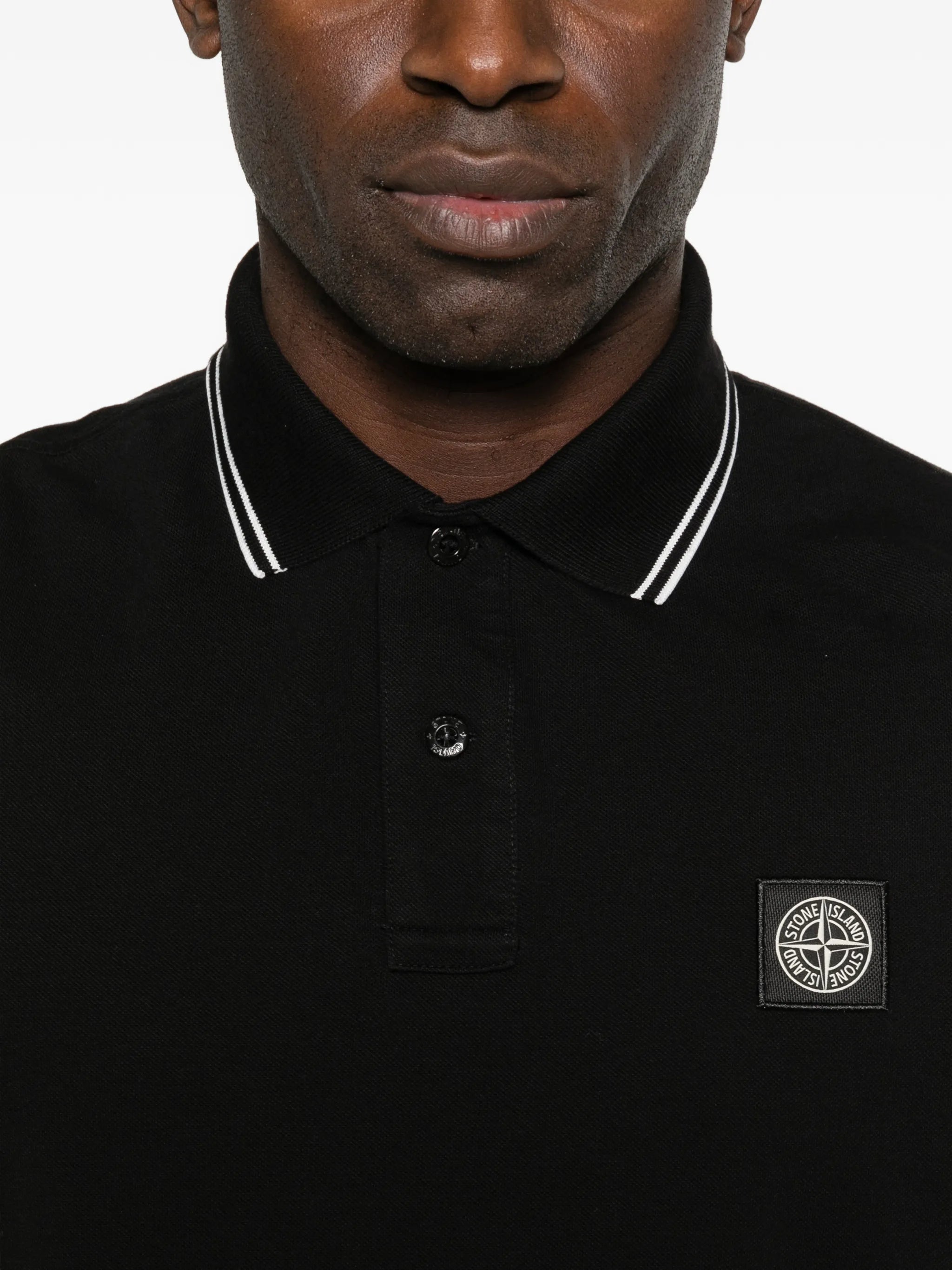 STONE ISLAND Logo Patch Cotton Piqué Polo Shirt Black