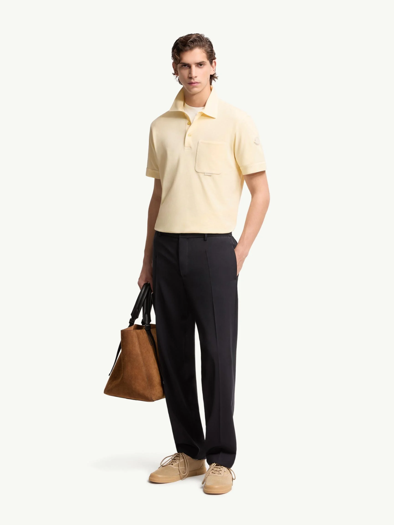 MONCLER Leather Logo Cotton Piquet Polo Shirt Ochre Yellow
