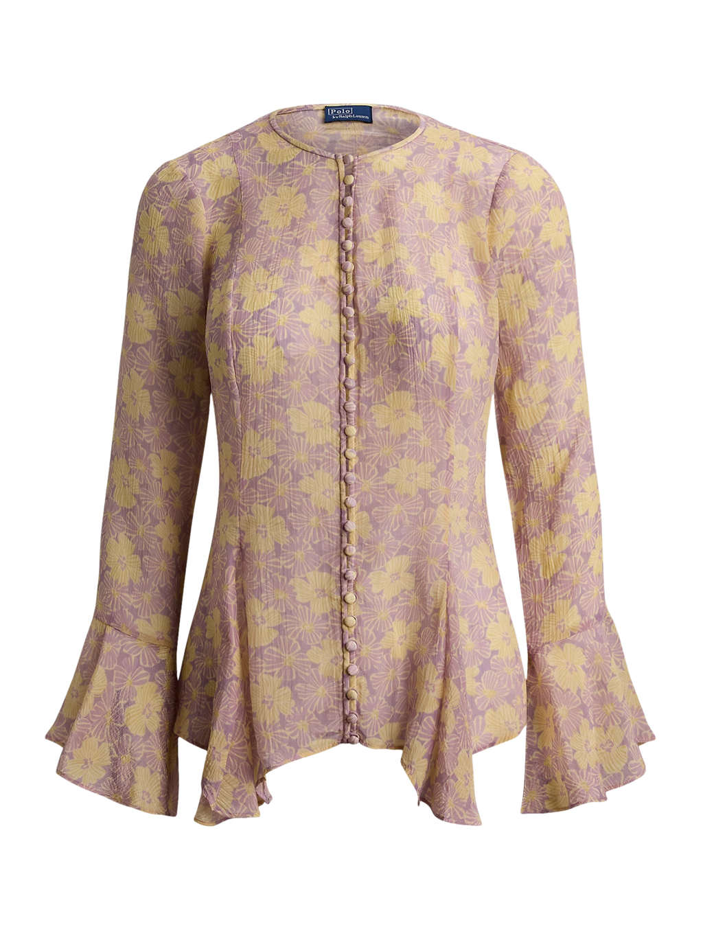 RALPH LAUREN WOMEN Floral Crinkled Button-front Top Soft Bloom Purple Yellow