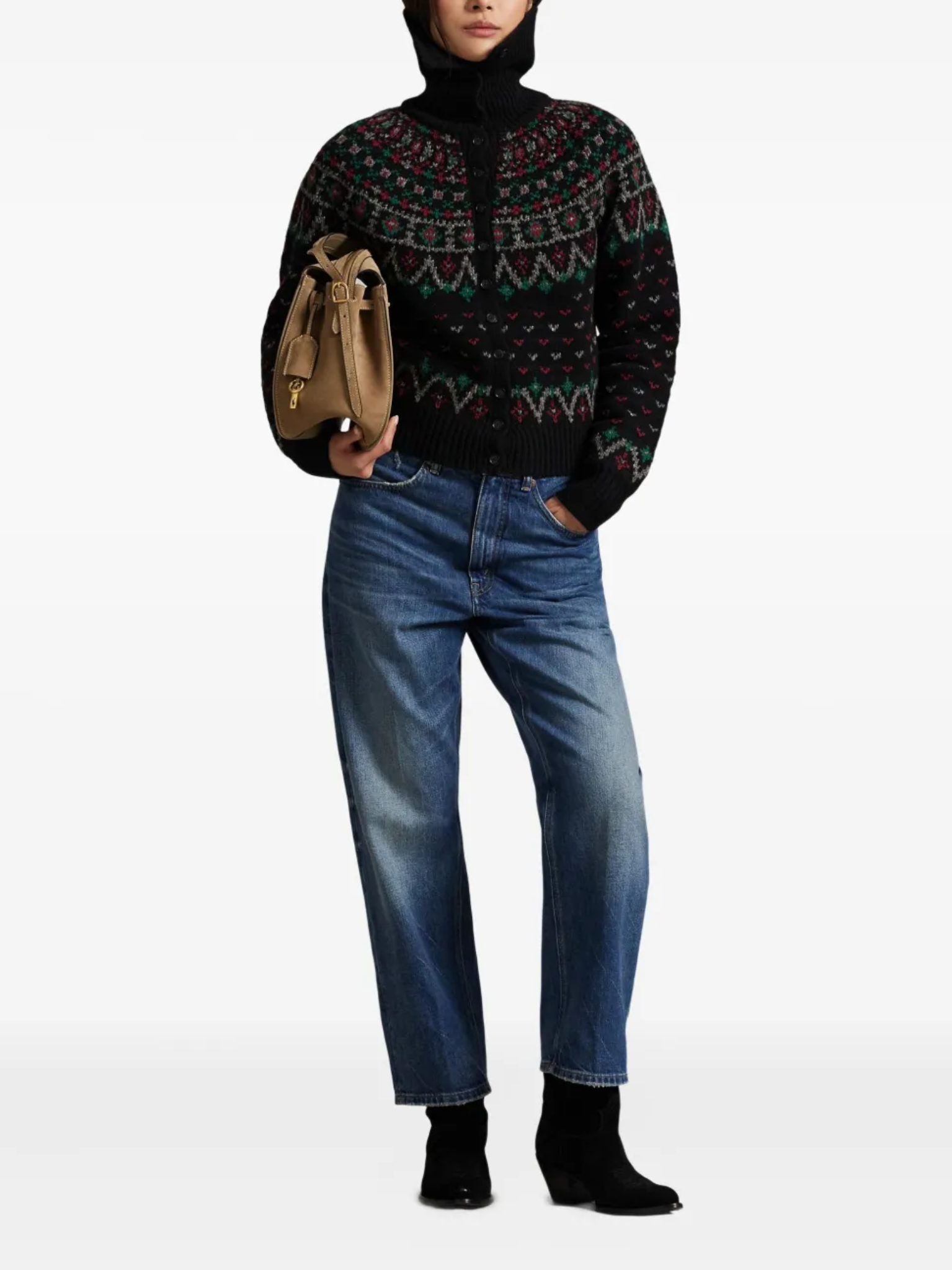 RALPH LAUREN WOMEN Fair Isle Wool-blend Cardigan Polo Black/Multi