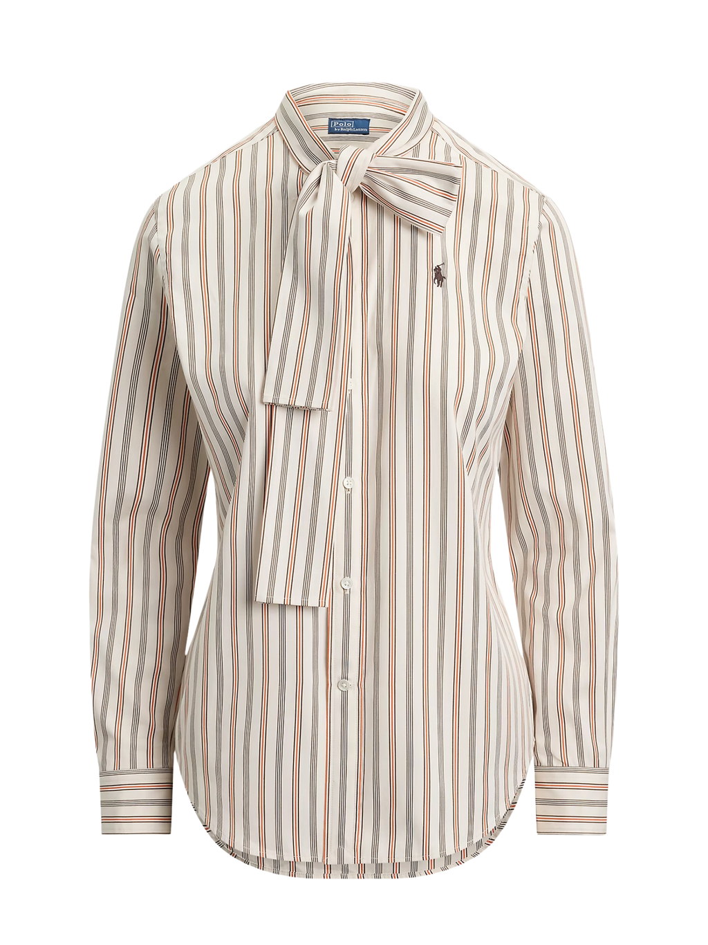 RALPH LAUREN WOMEN Slim Fit Striped Cotton Tie-Neck Shirt Cream/Red